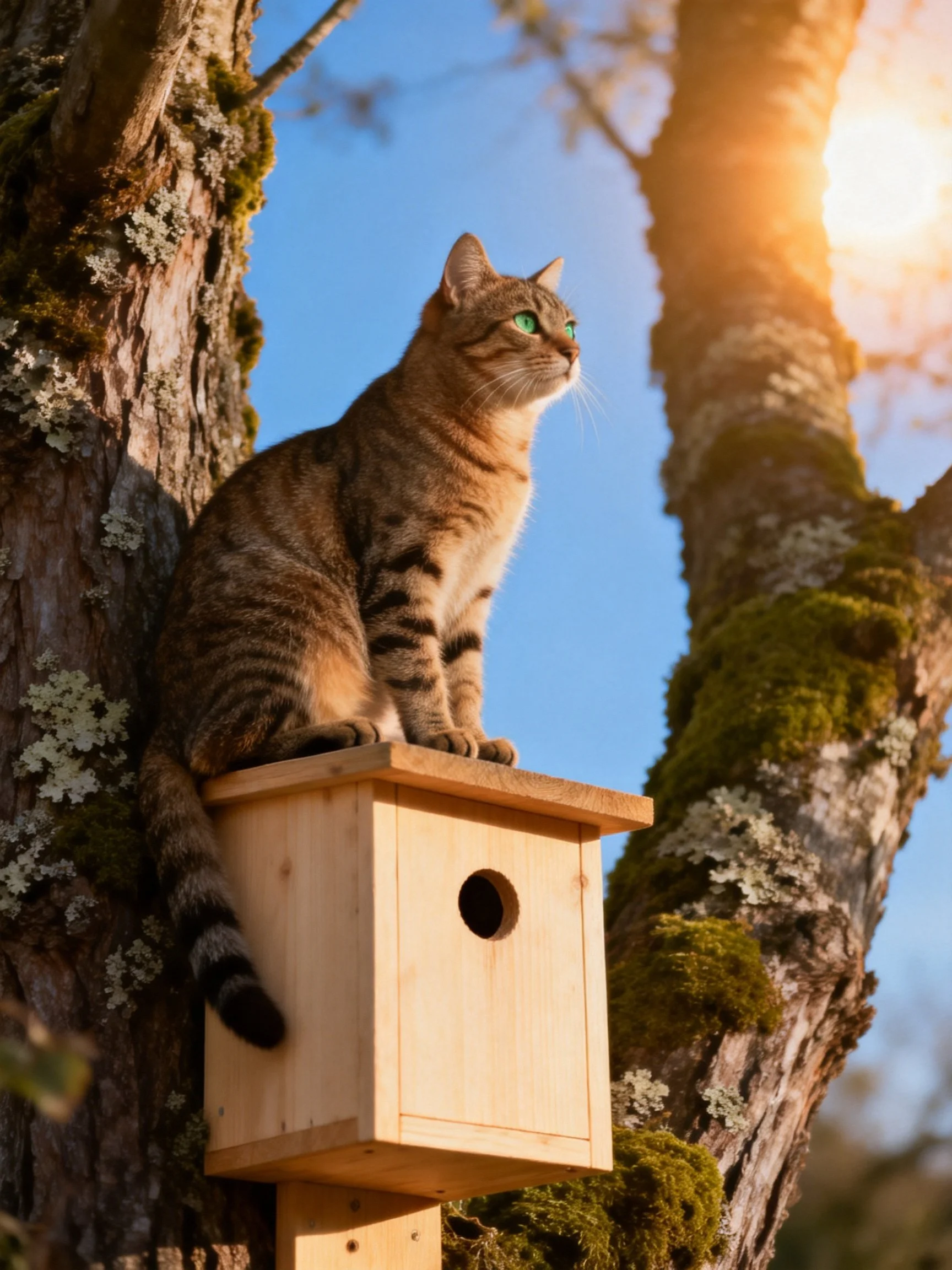 A tabby cat sits atop a wooden birdhouse in a mossy tree