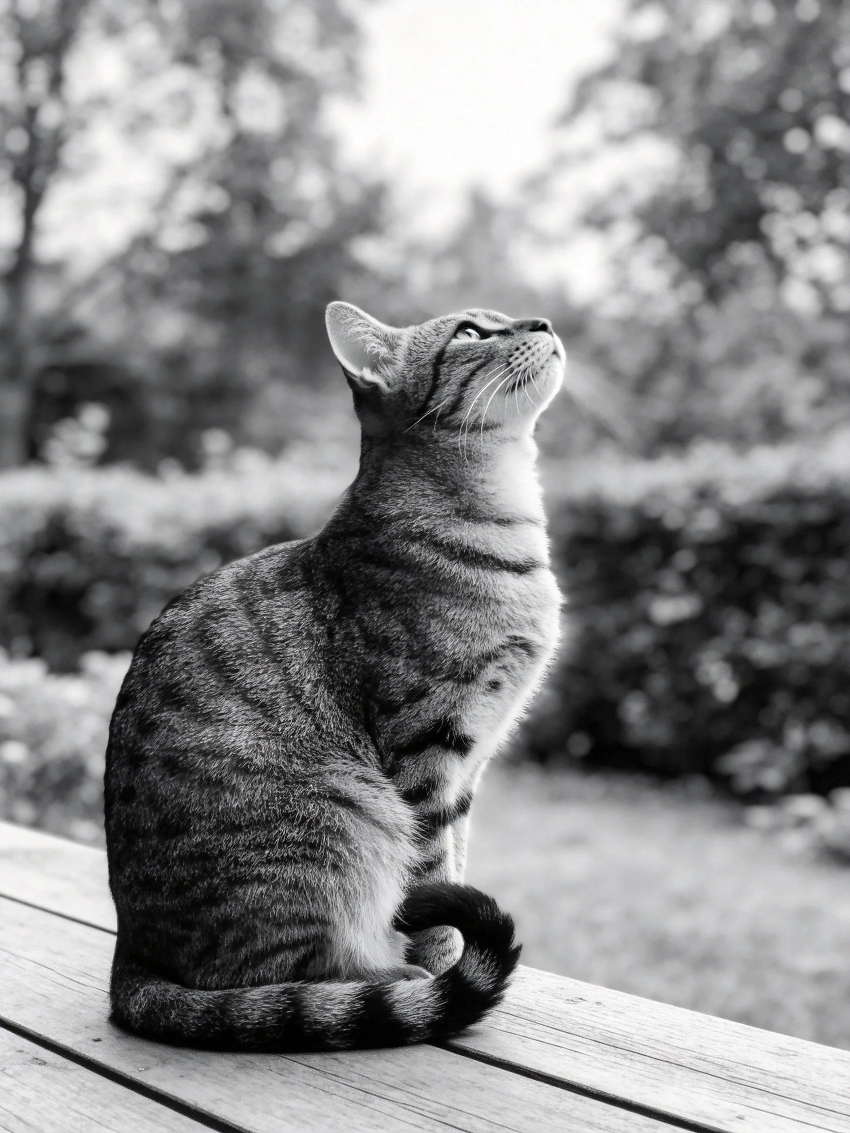 A tabby cat sits attentively on a wooden bench outdoors