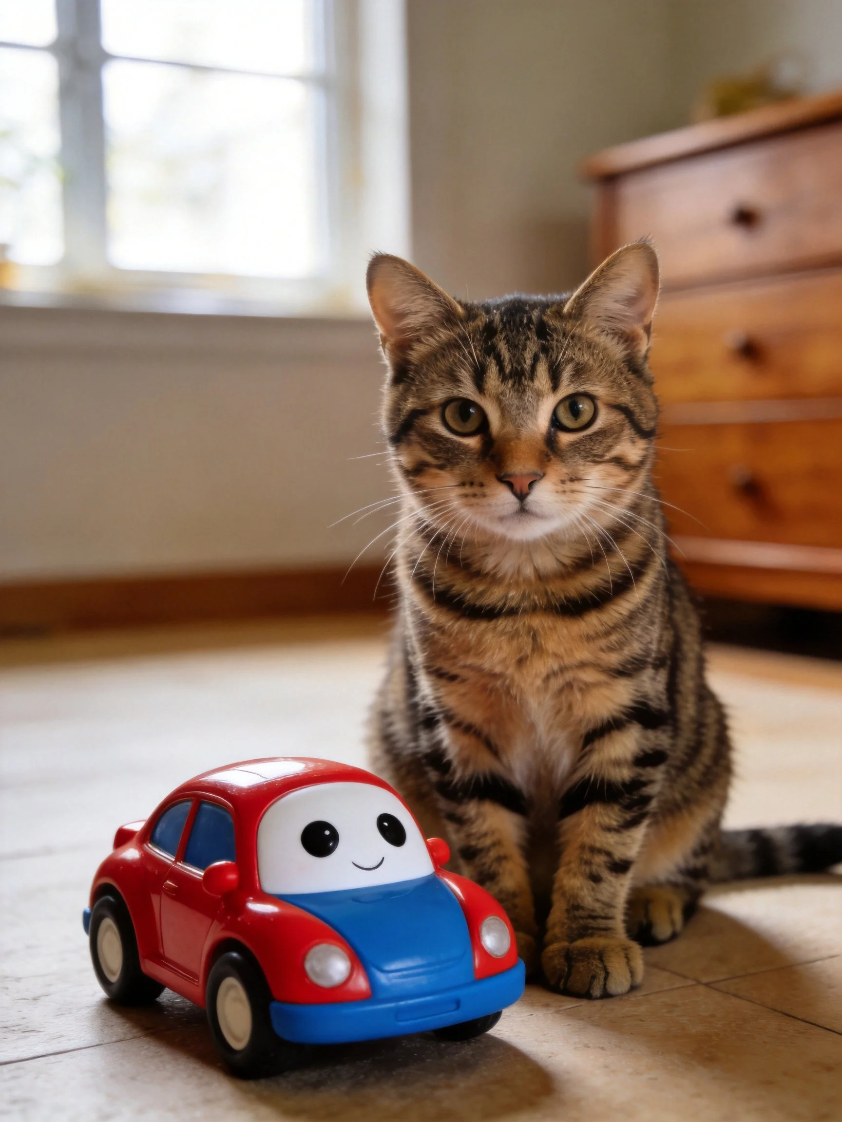A tabby cat sits near a colorful plastic toy car in a sunlit room.