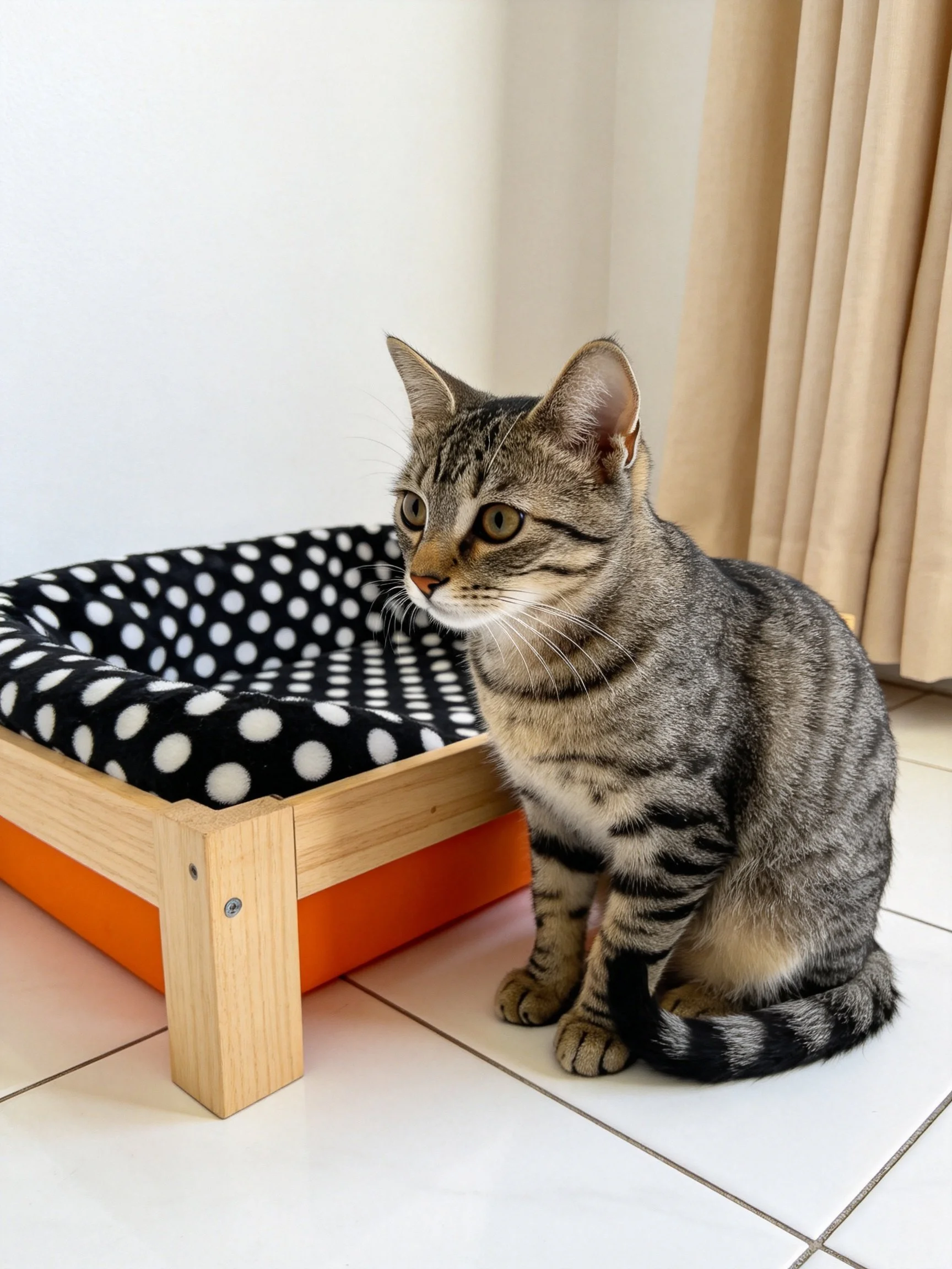 A tabby cat sits beside a polka - dotted wooden pet bed