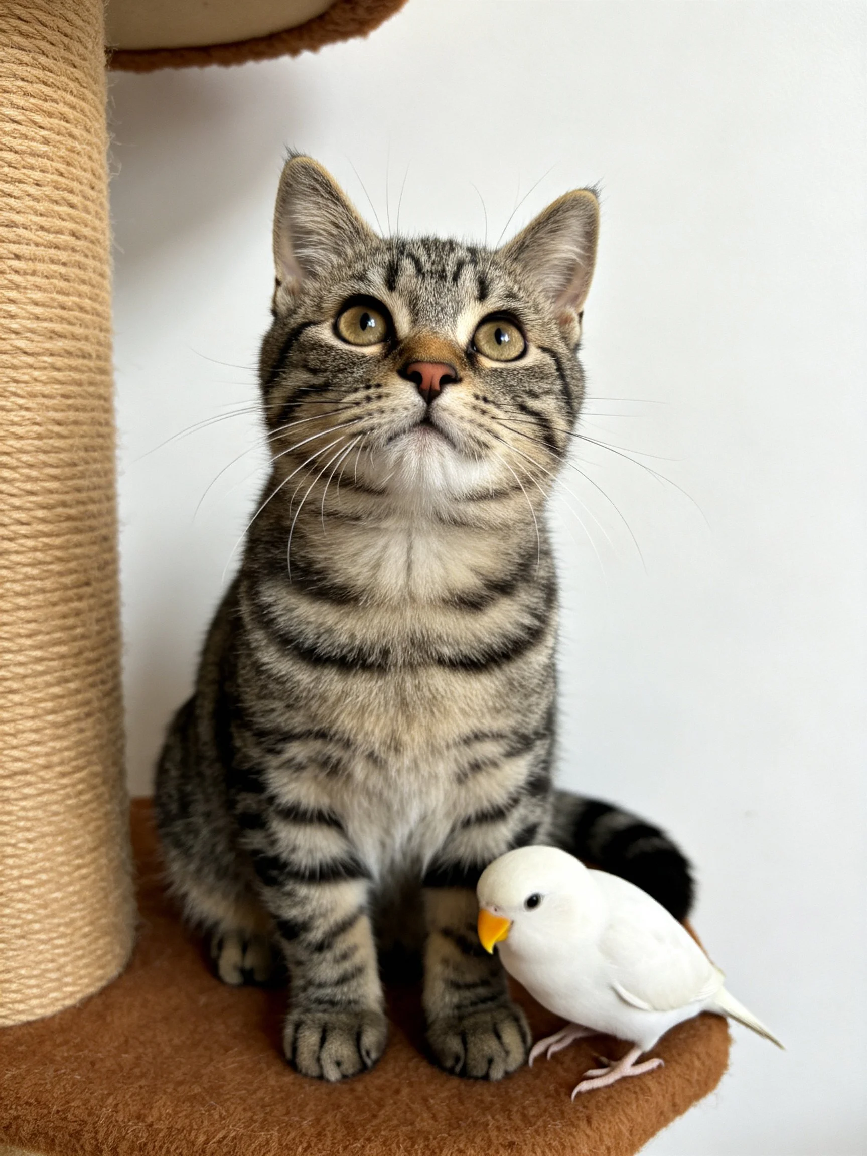 A tabby cat and a small white bird rest together on a cat tree.
