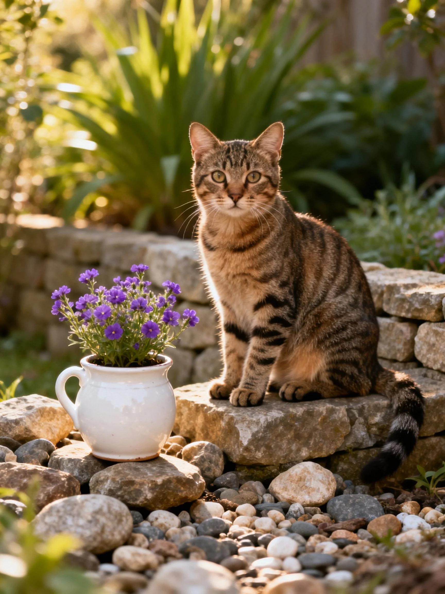 A tabby cat sits next to a white flower pot with purple flowers in a garden.