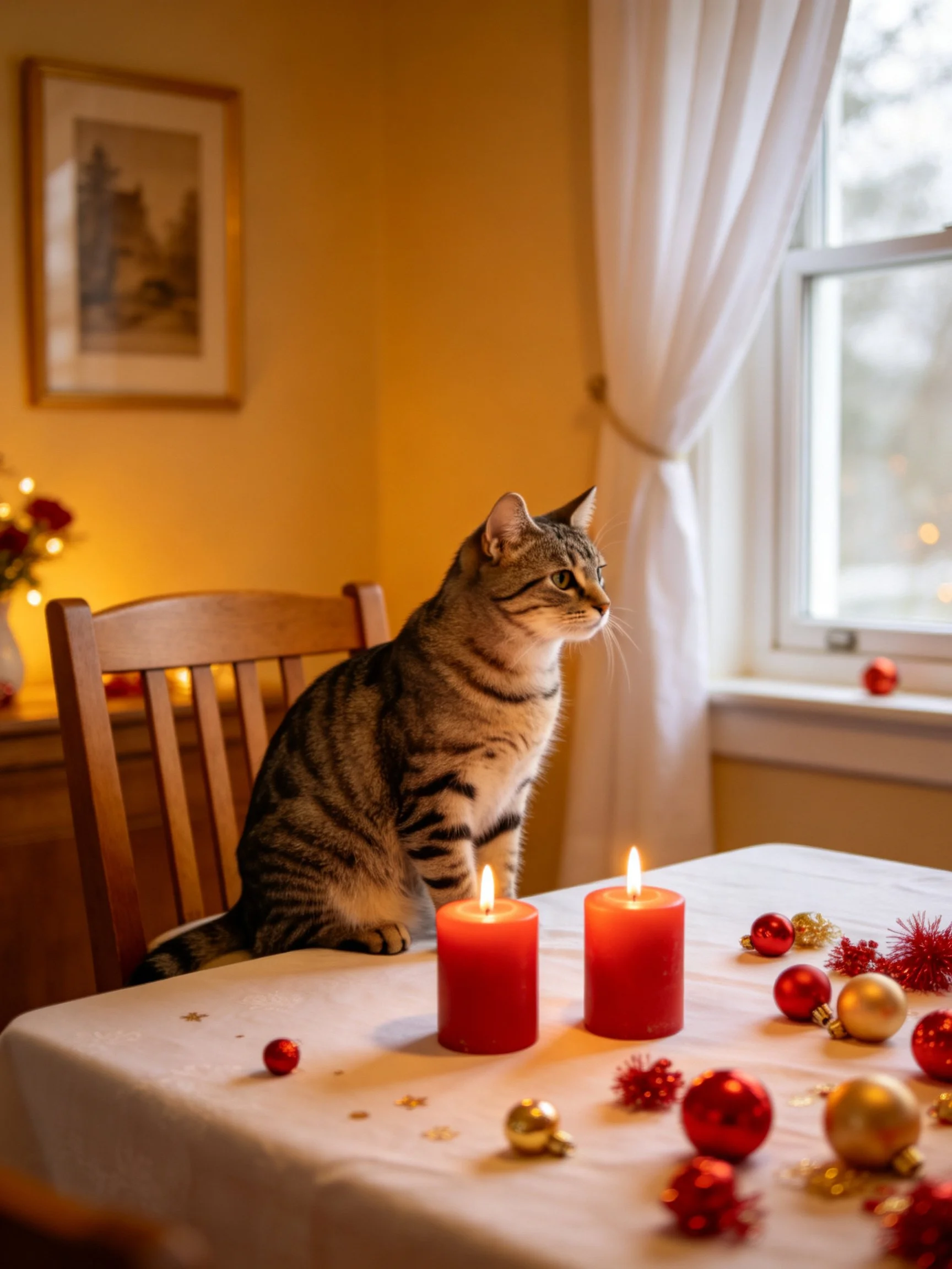 A tabby cat sits beside two lit red candles on a festively decorated table