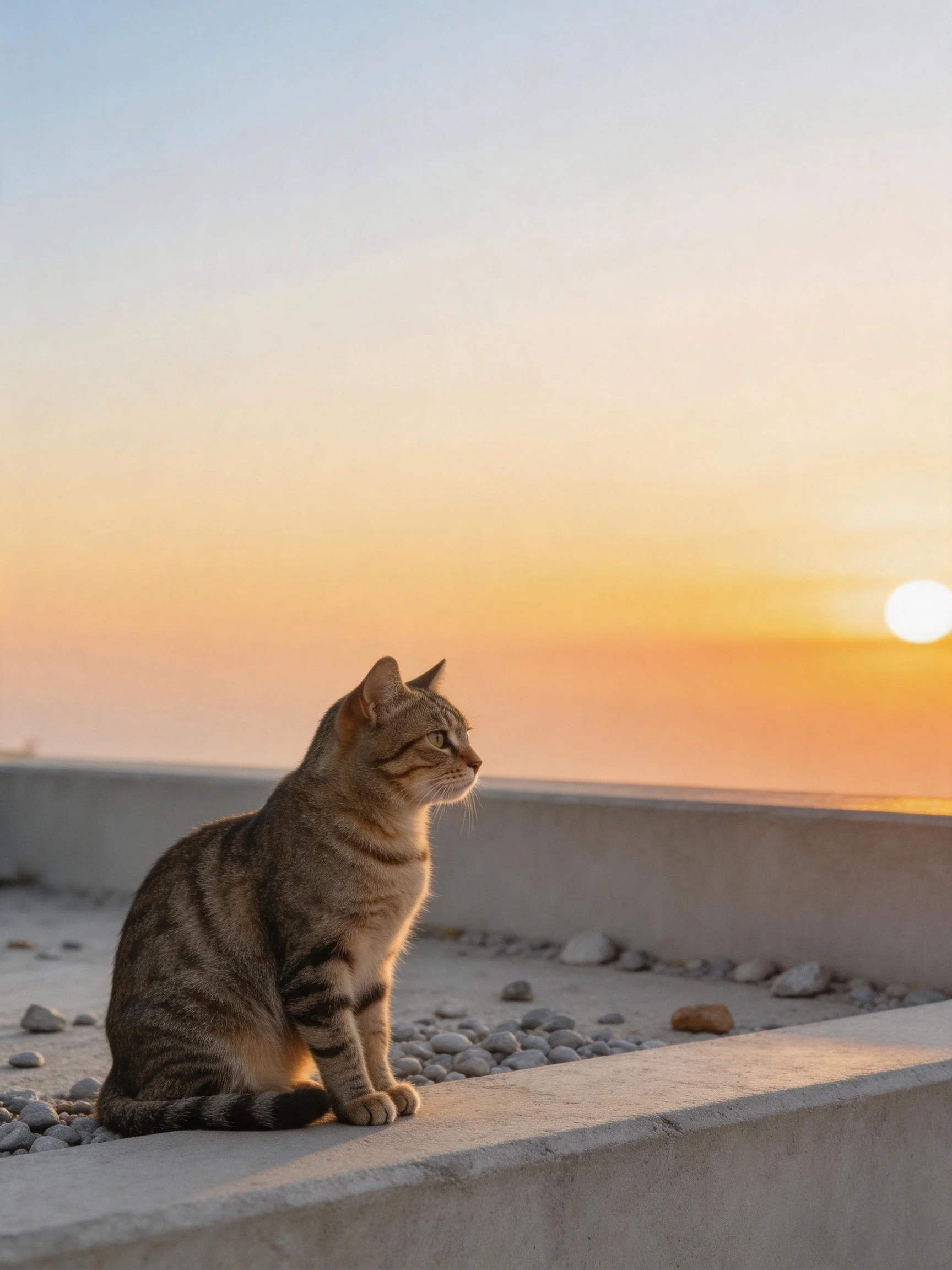 A tabby cat sits by a concrete ledge during a golden sunset