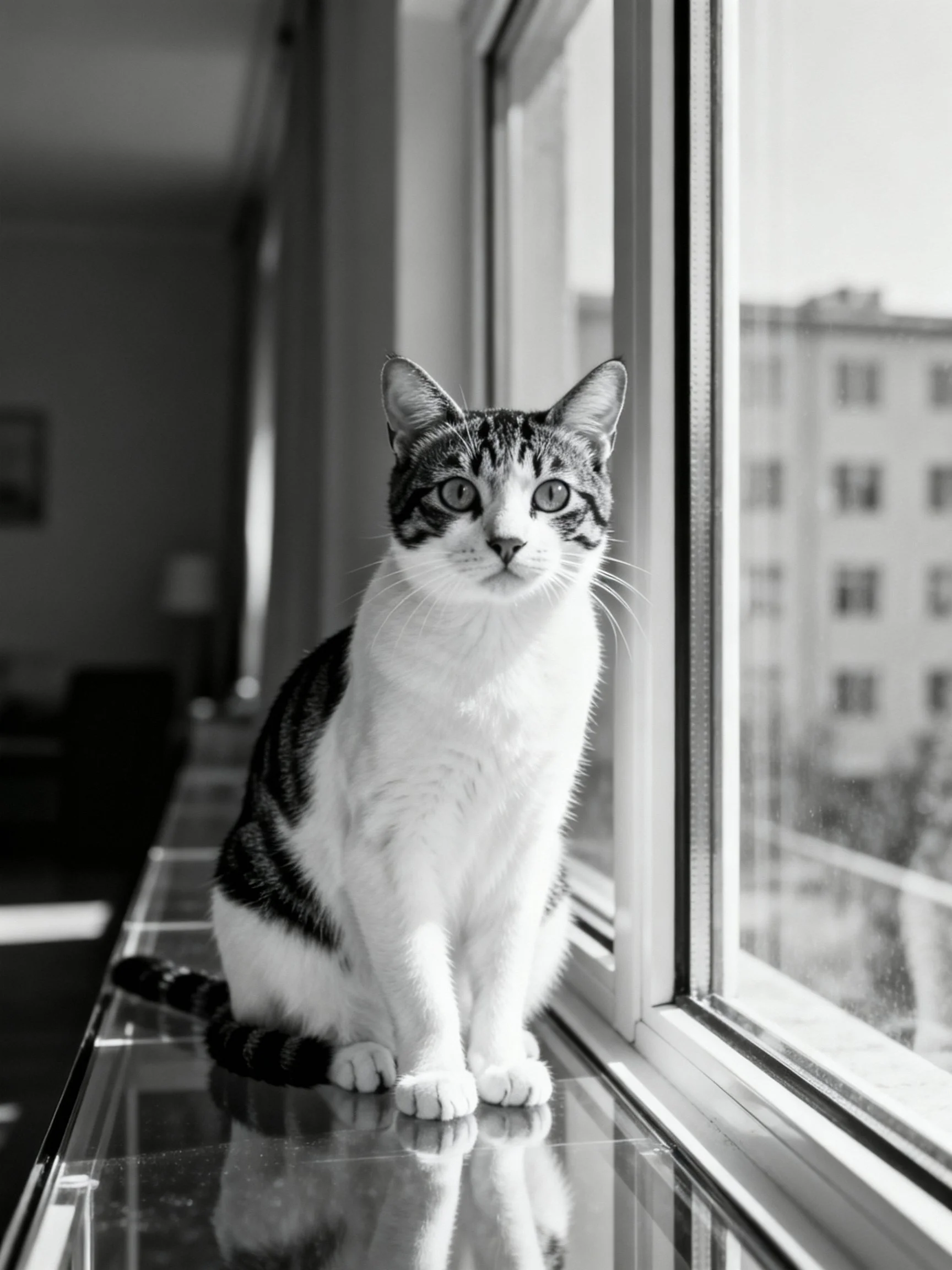 A tabby cat sits by a large window with an urban backdrop