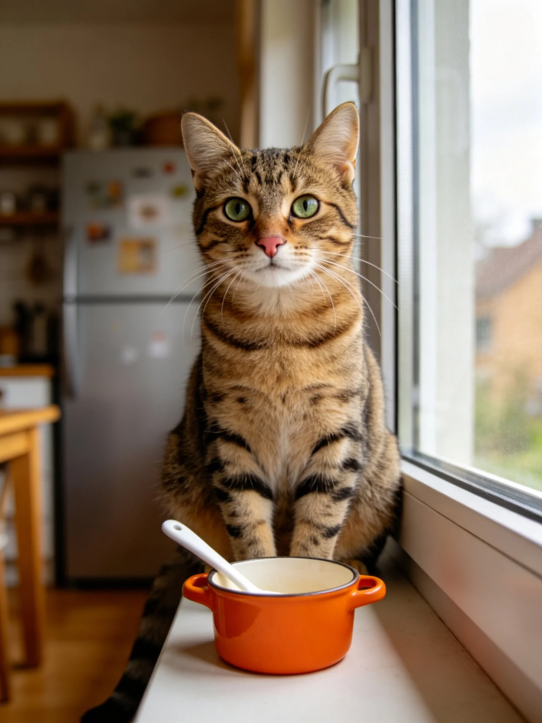 A tabby cat sits by a window beside an orange pot with a spoon