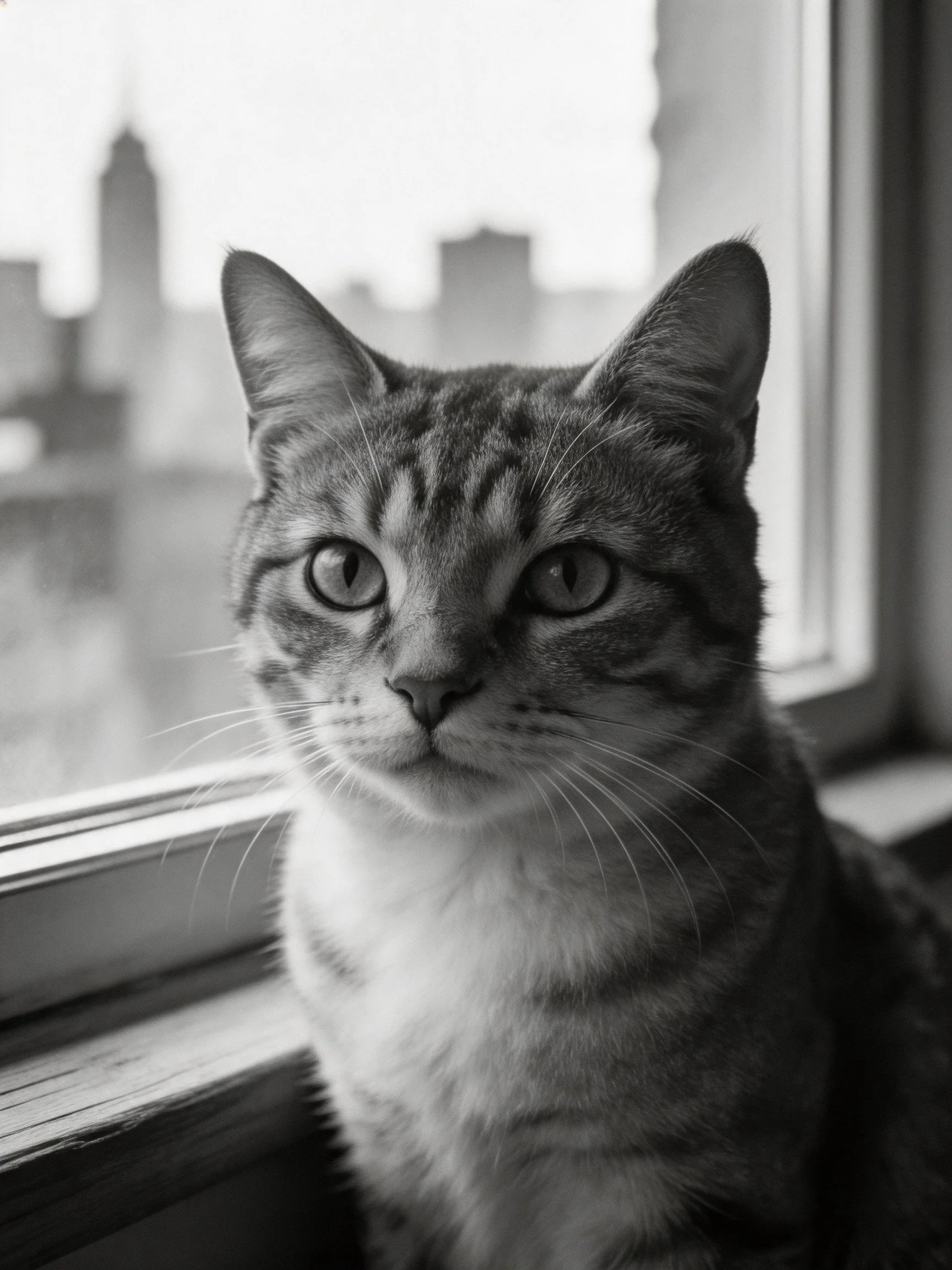 A tabby cat sits by a window with a city skyline backdrop
