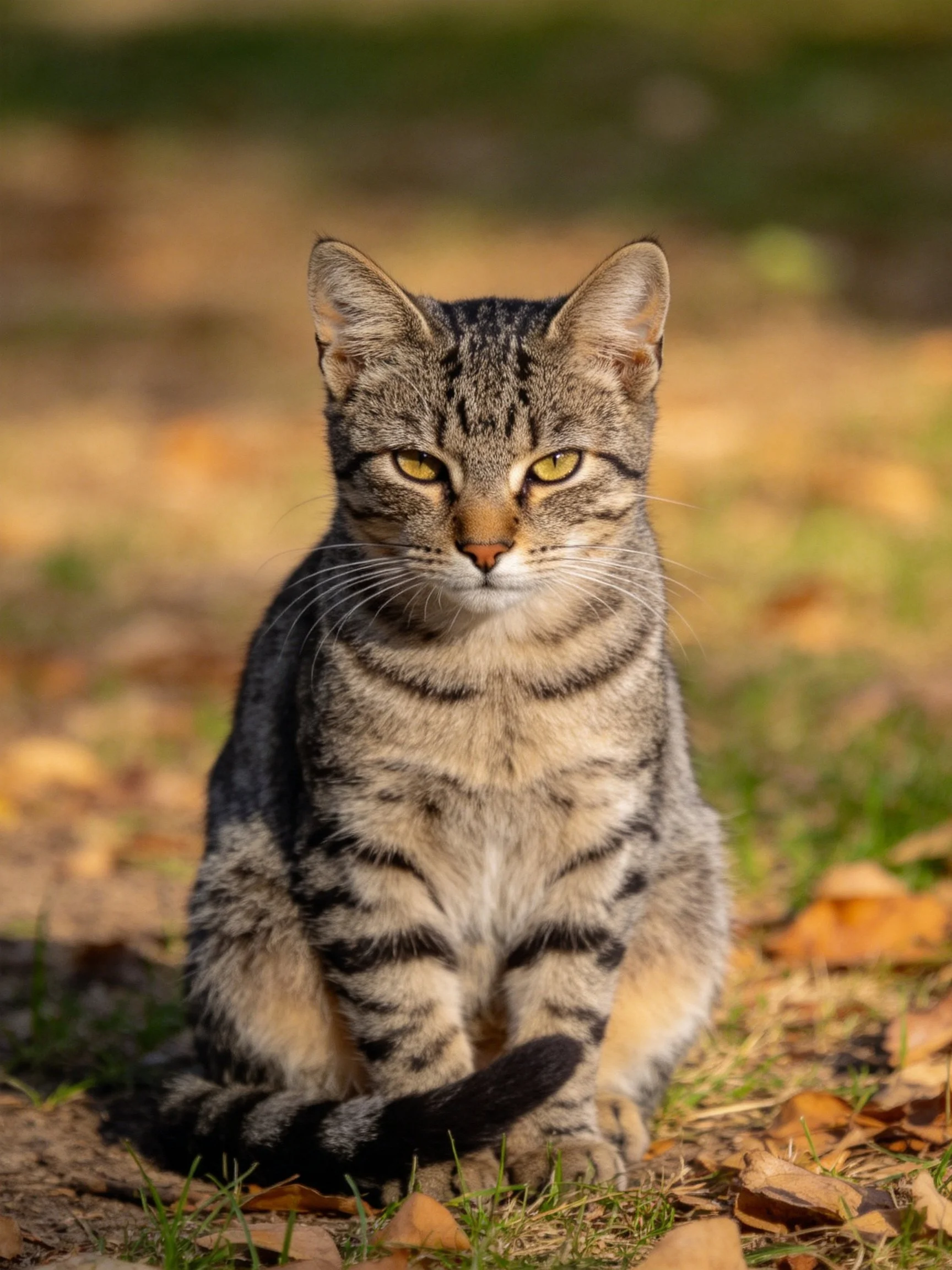 A tabby cat sits calmly amid autumn leaves and grass