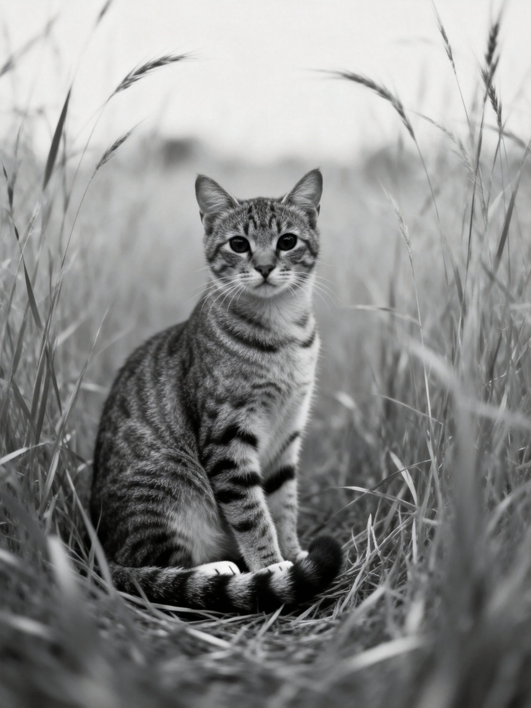A tabby cat sits calmly among tall grass blades