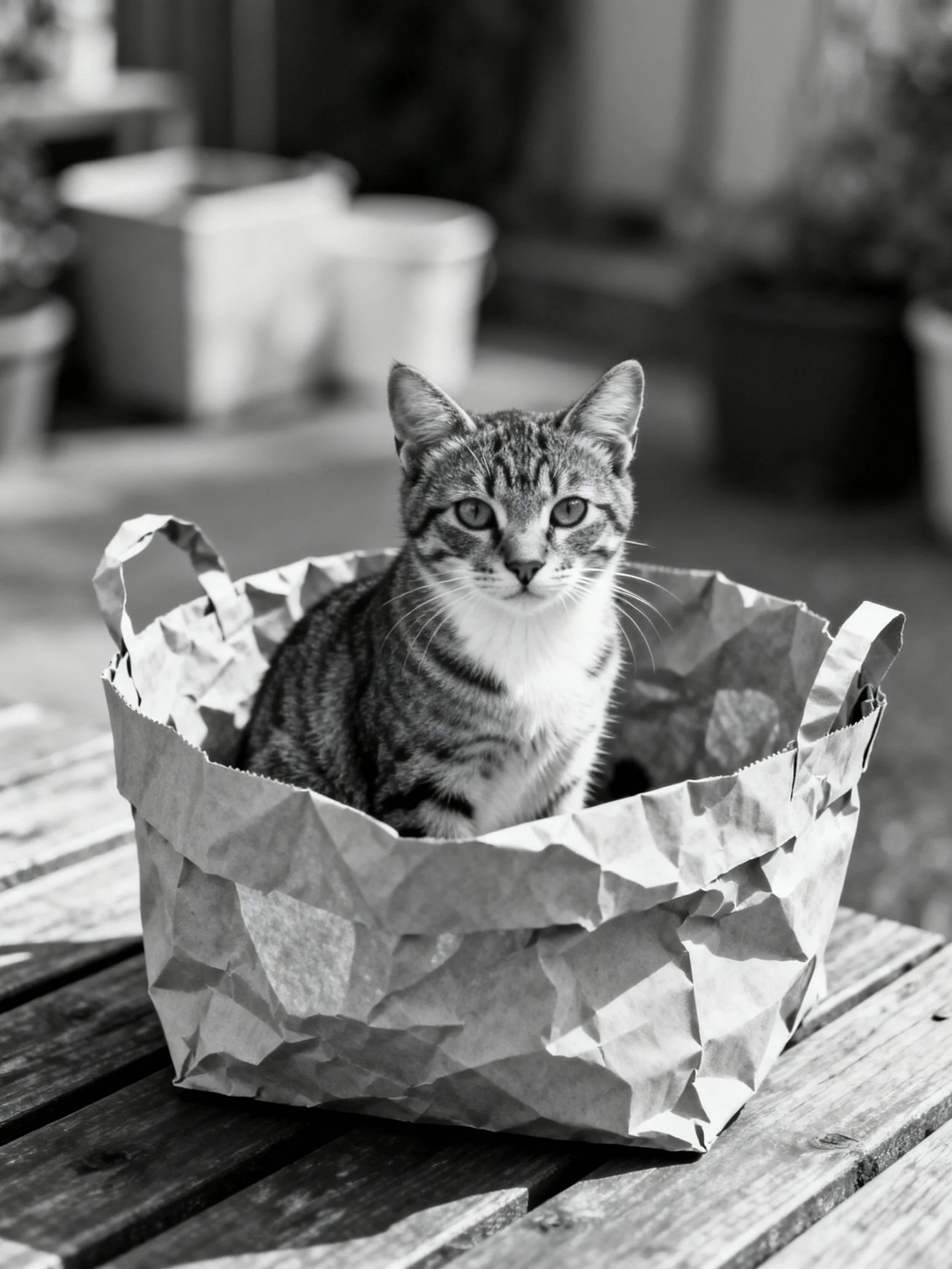 A tabby cat sits in a crumpled paper bag on an outdoor wooden table