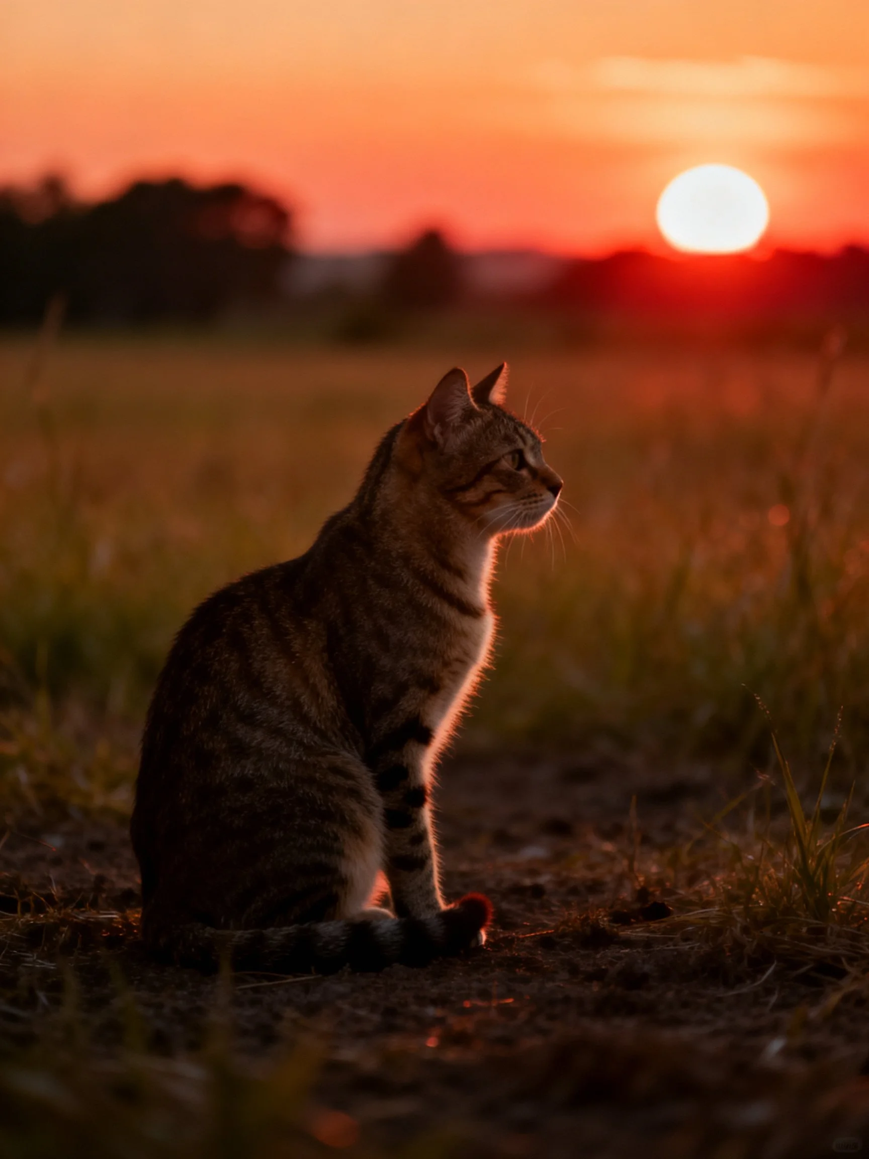 A tabby cat sits in a field as the sun sets, surrounded by natures warm hues.