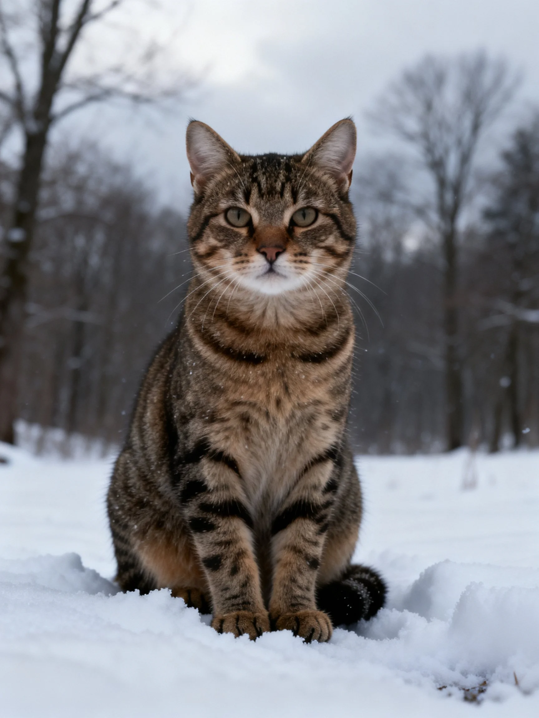 A tabby cat sits in a snowy wooded area