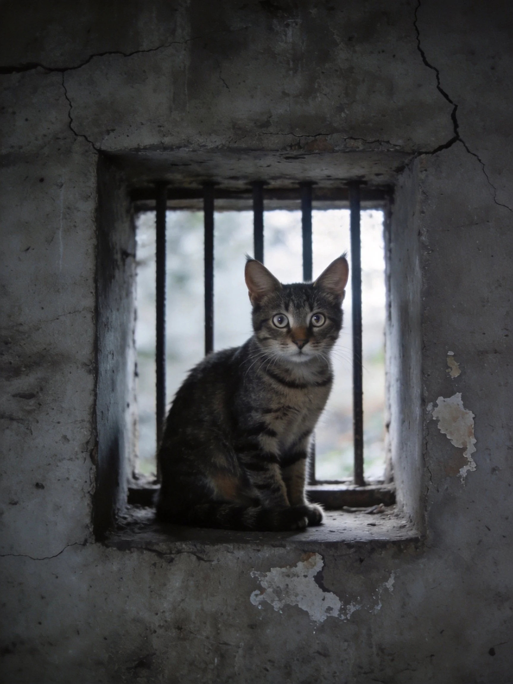 A tabby cat sits calmly in a barred window of an aged, cracked concrete structure