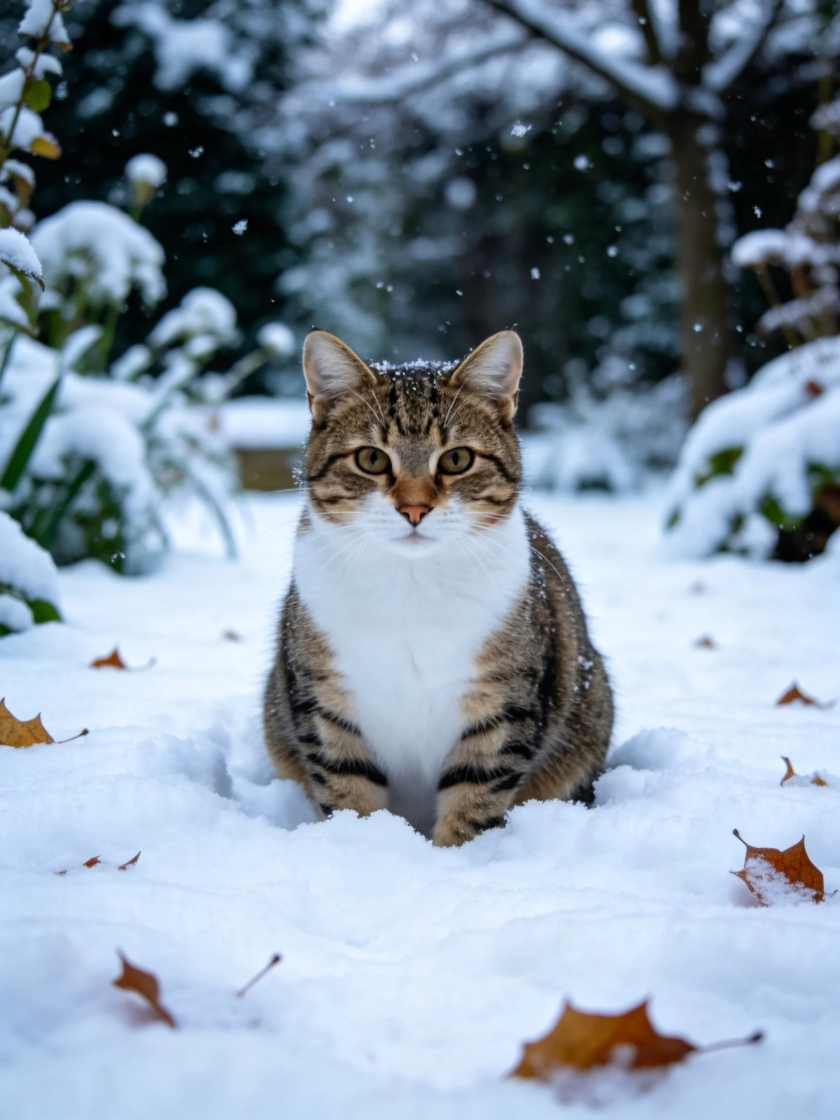 A tabby cat sits in deep winter snow amidst snowy vegetation
