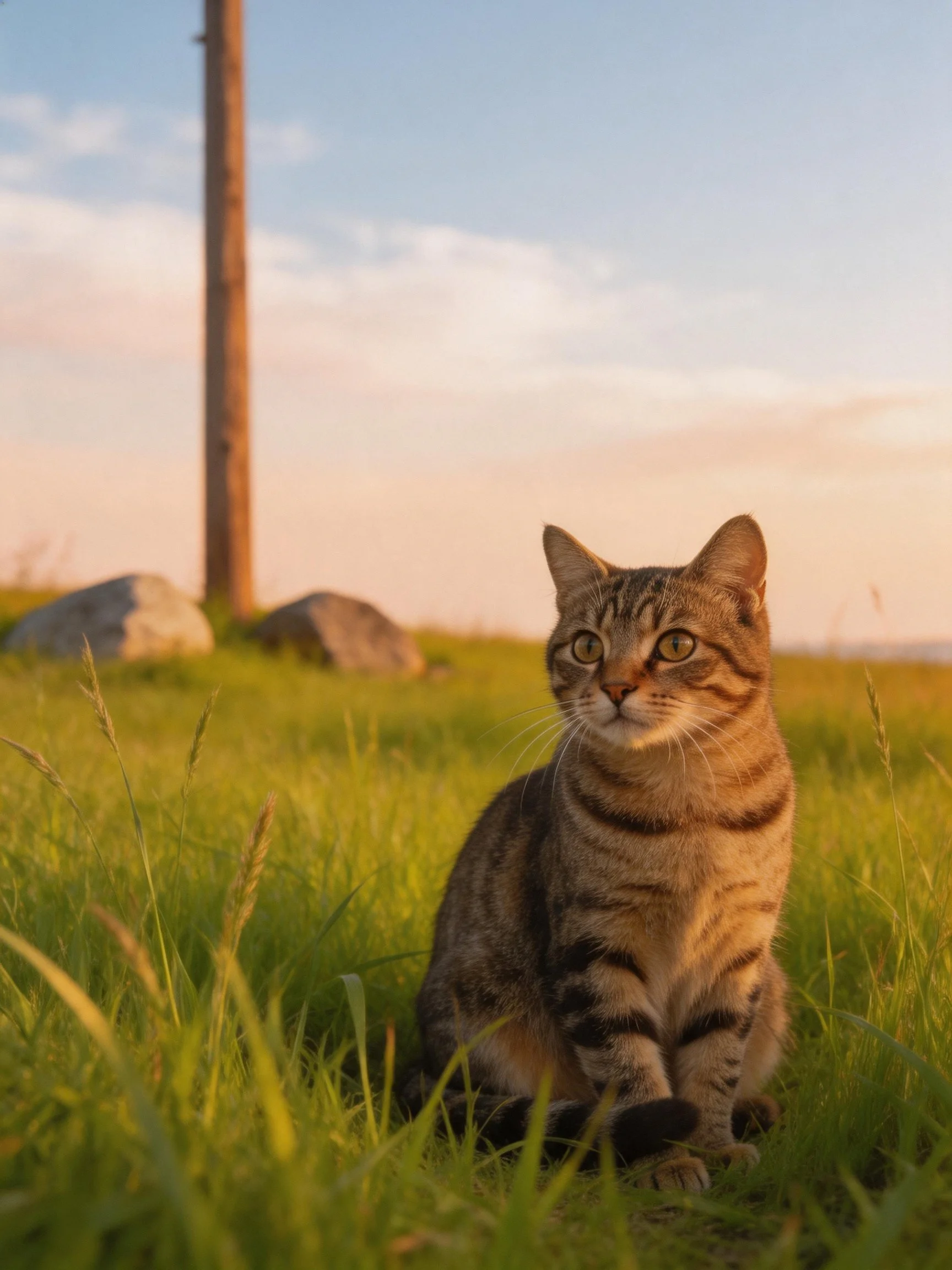 A tabby cat sits in golden grass near a wooden pole