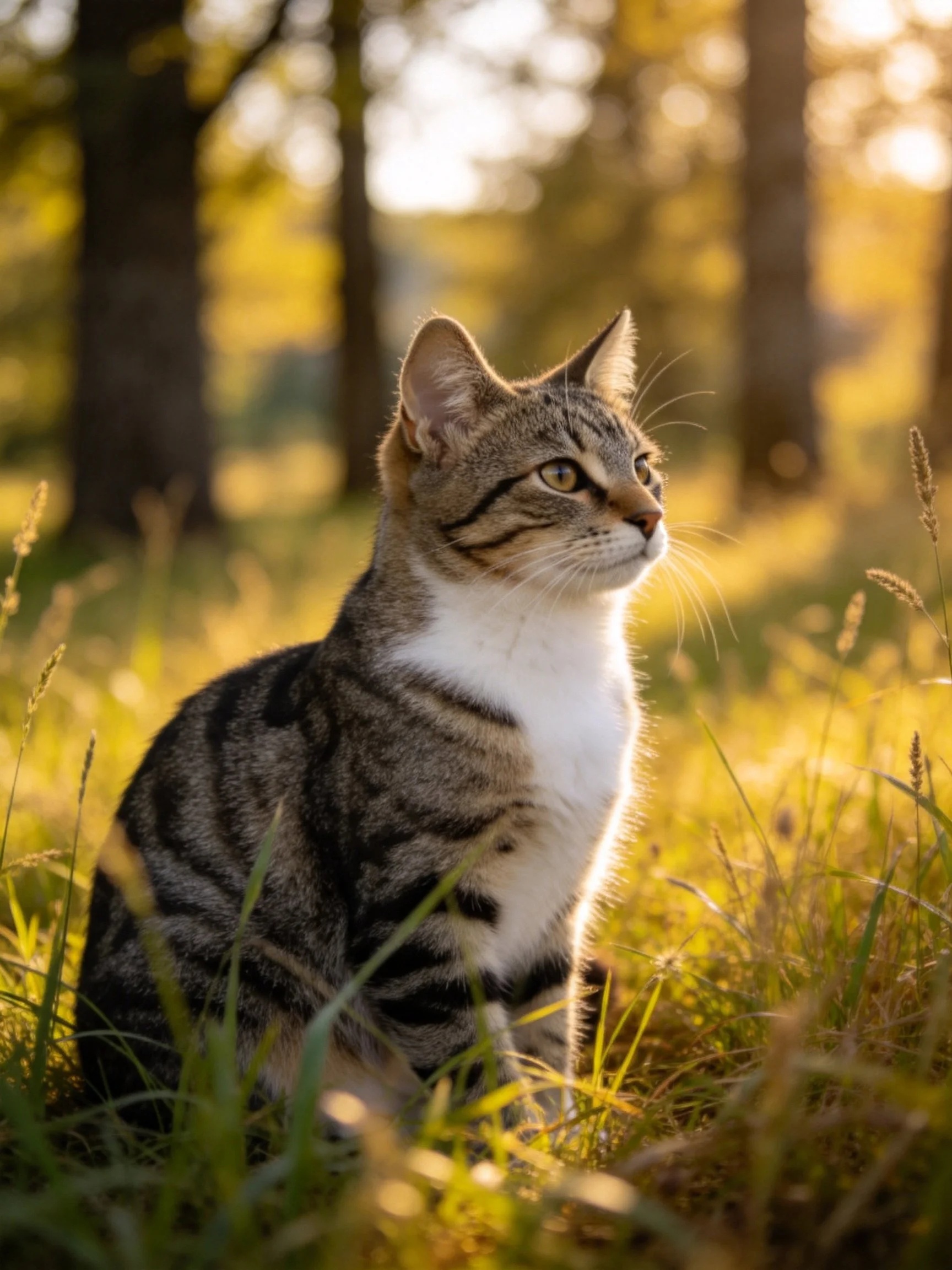 A tabby cat sits in golden grass near forest trees