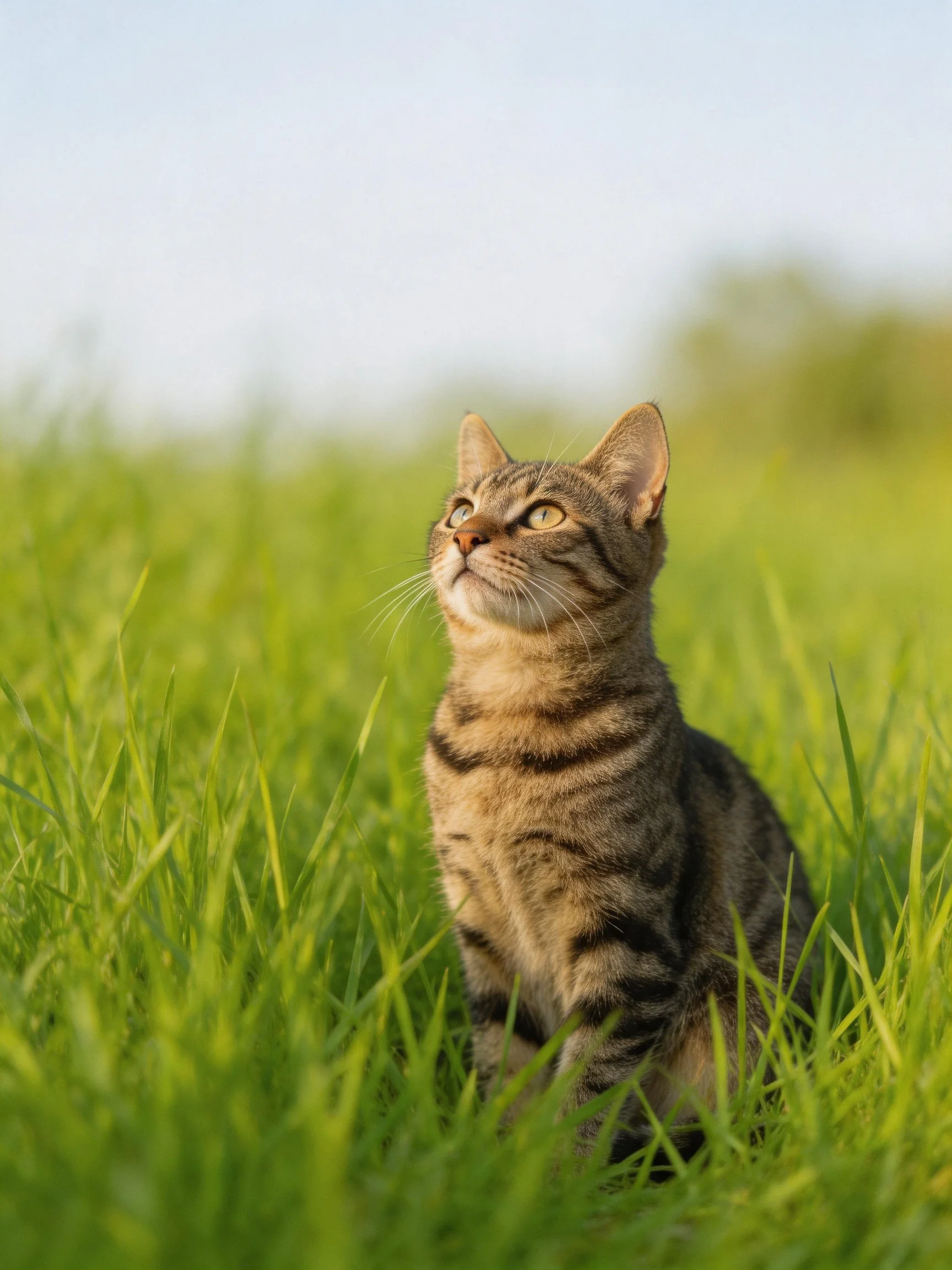 A tabby cat sits in tall green grass under soft daylight