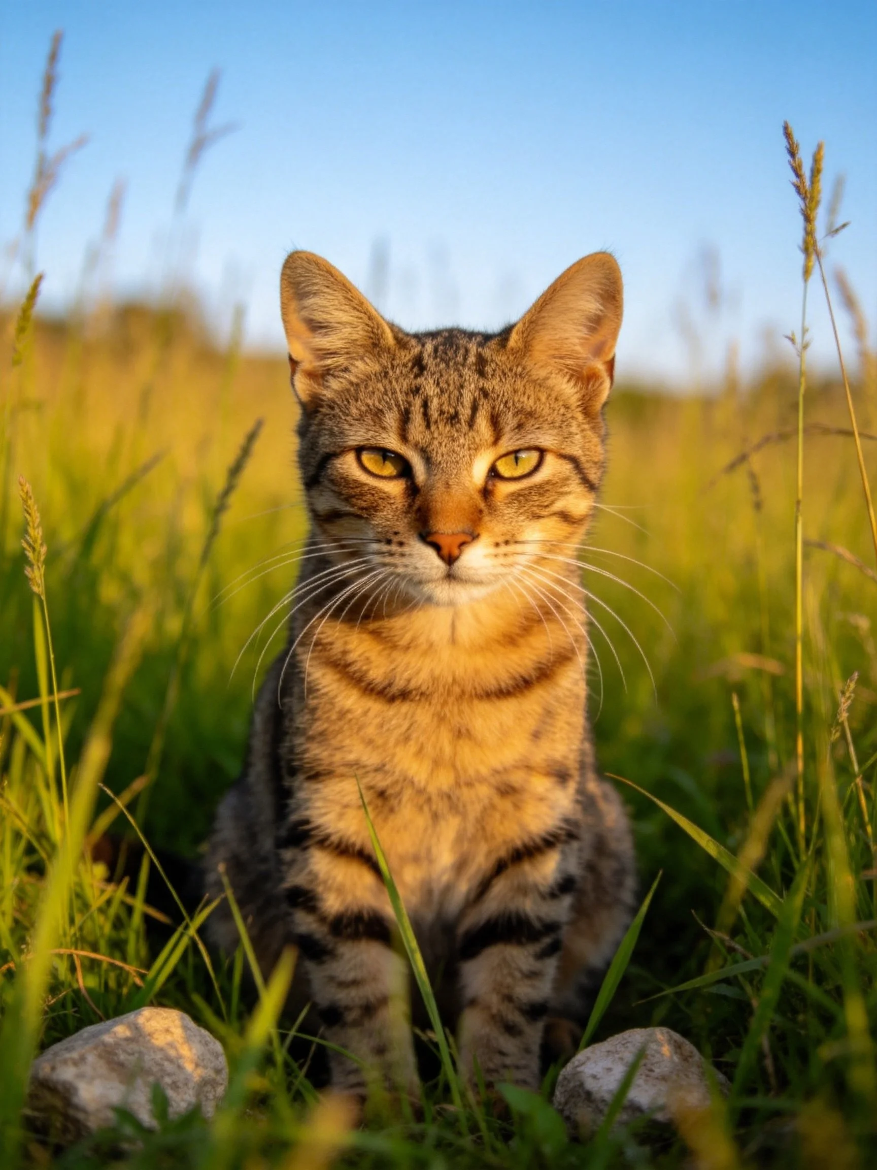 A tabby cat sits in tall green grass with two rocks nearby