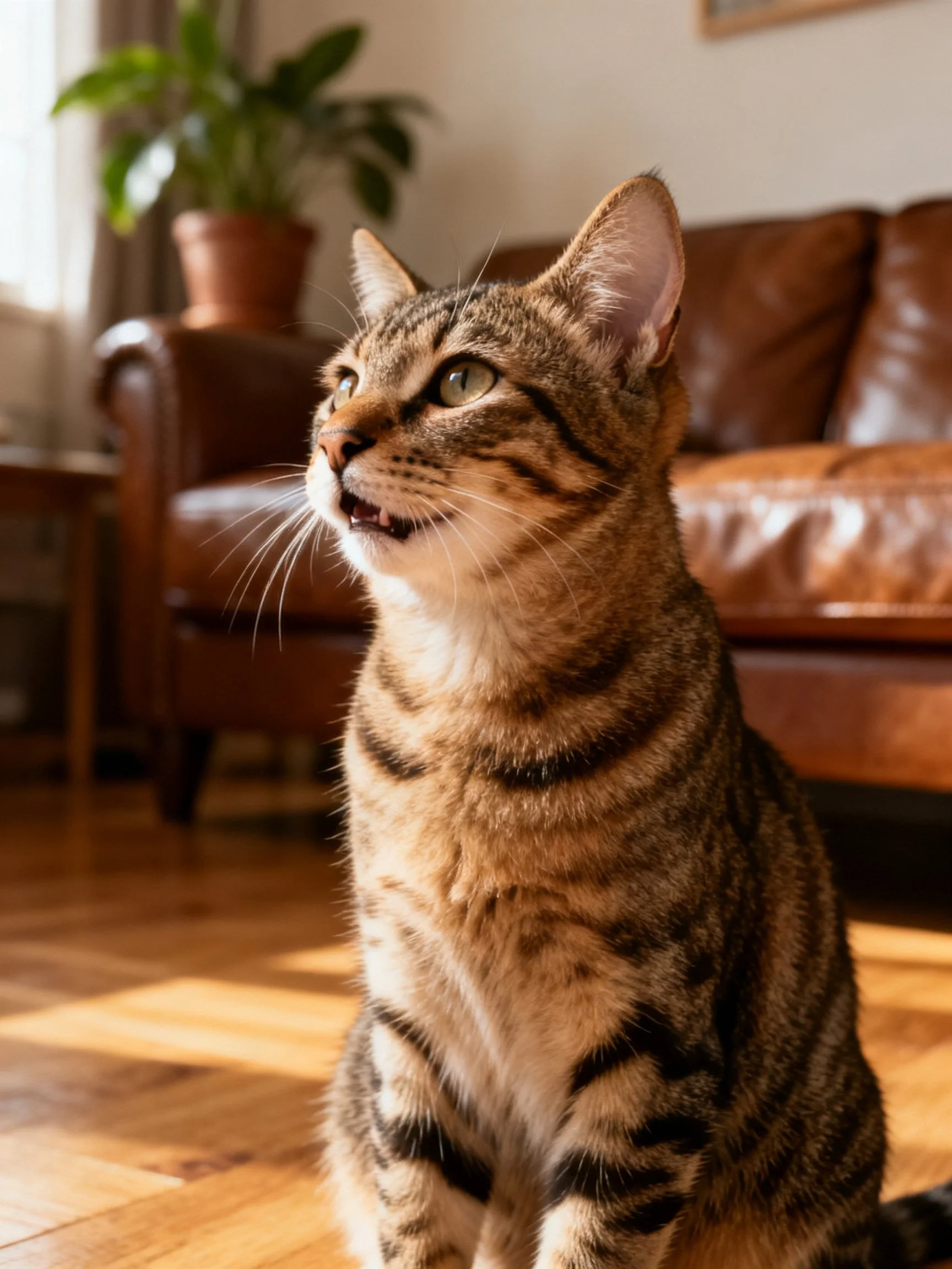 A tabby cat sits near a brown leather sofa with a potted plant