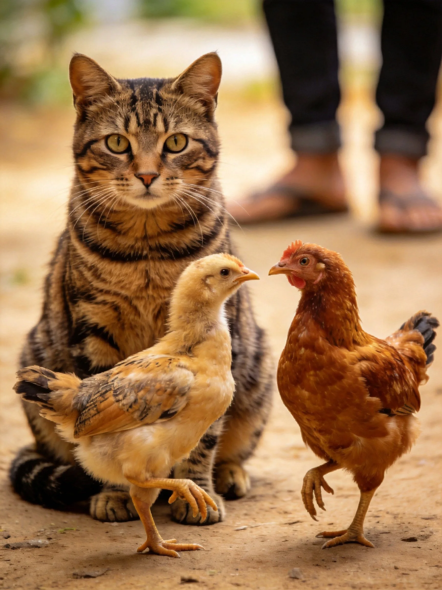 A tabby cat sits near a chick and brown hen on dirt ground