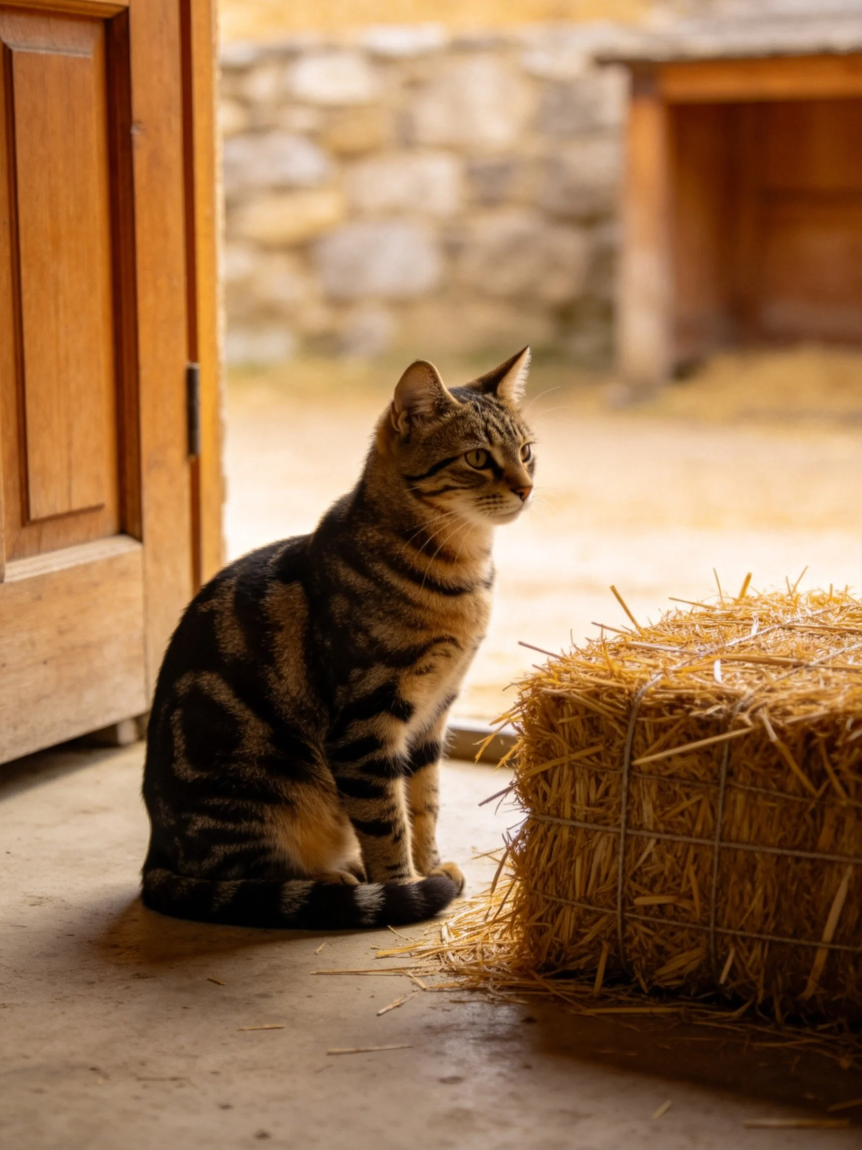 A tabby cat sits near a hay bale by an open wooden door