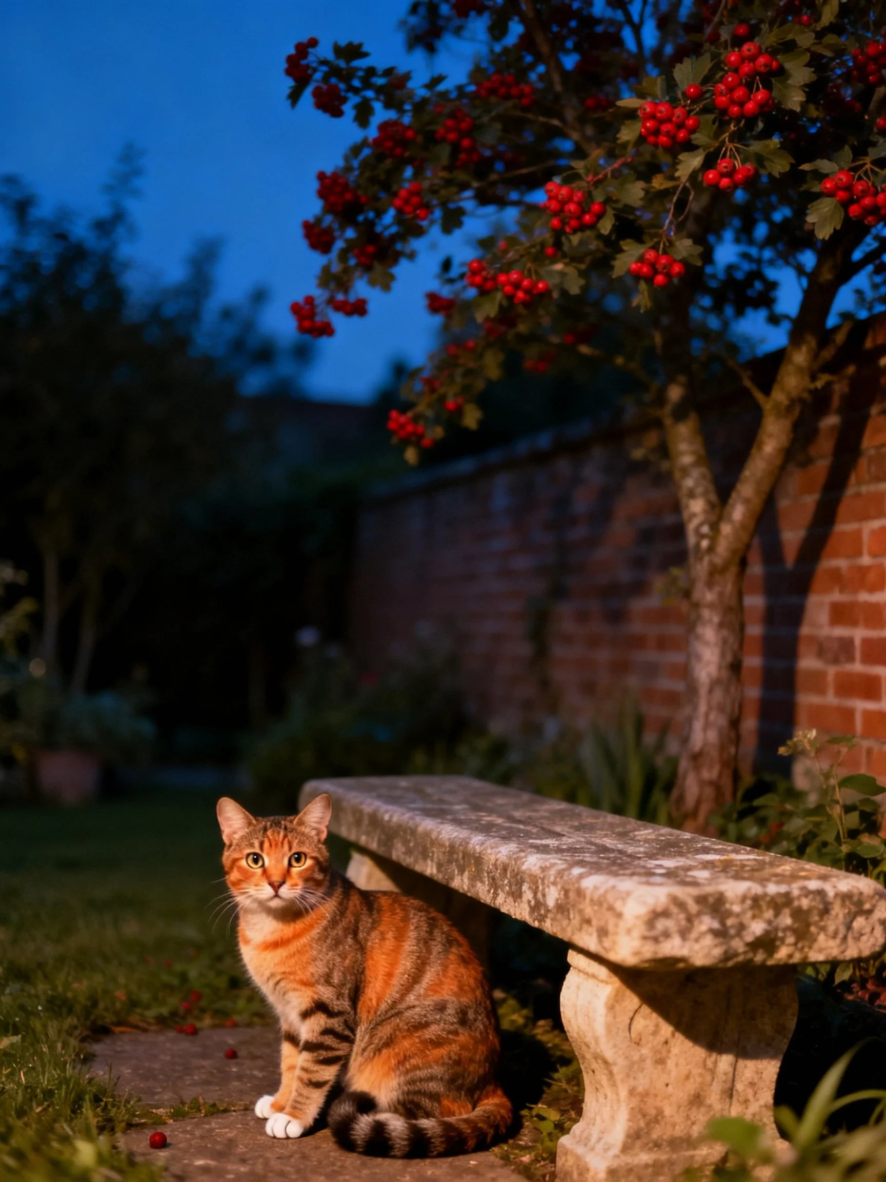 A tabby cat sits near a stone bench under a berry-laden tree at dusk