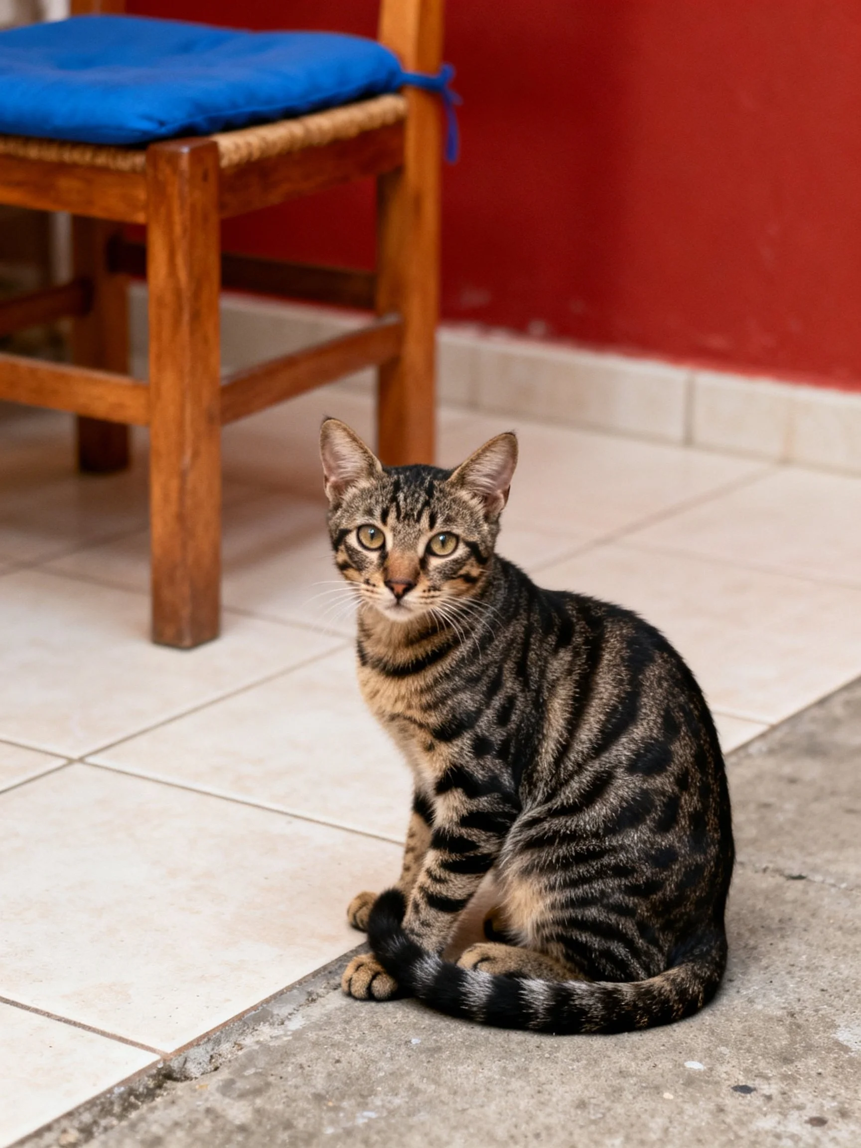 A tabby cat sits near a wooden chair with a blue cushion
