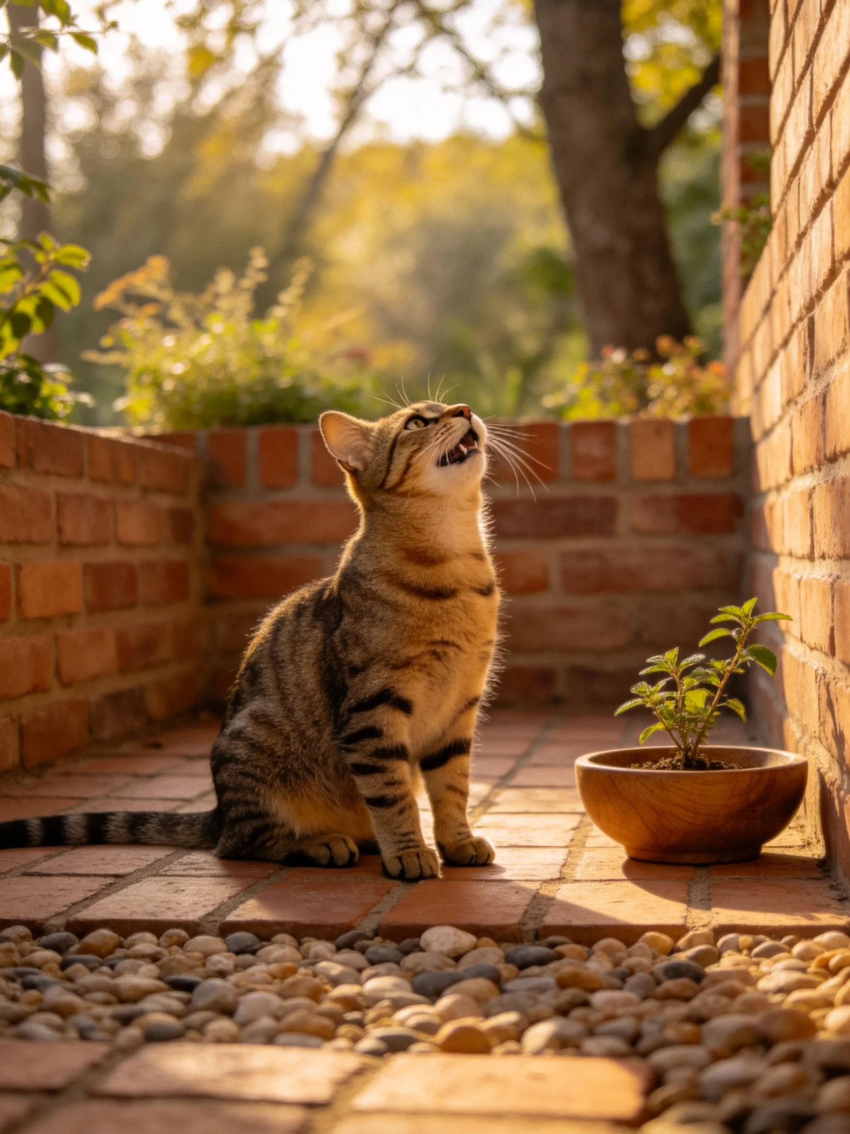 A tabby cat sits near brick walls in golden sunlight