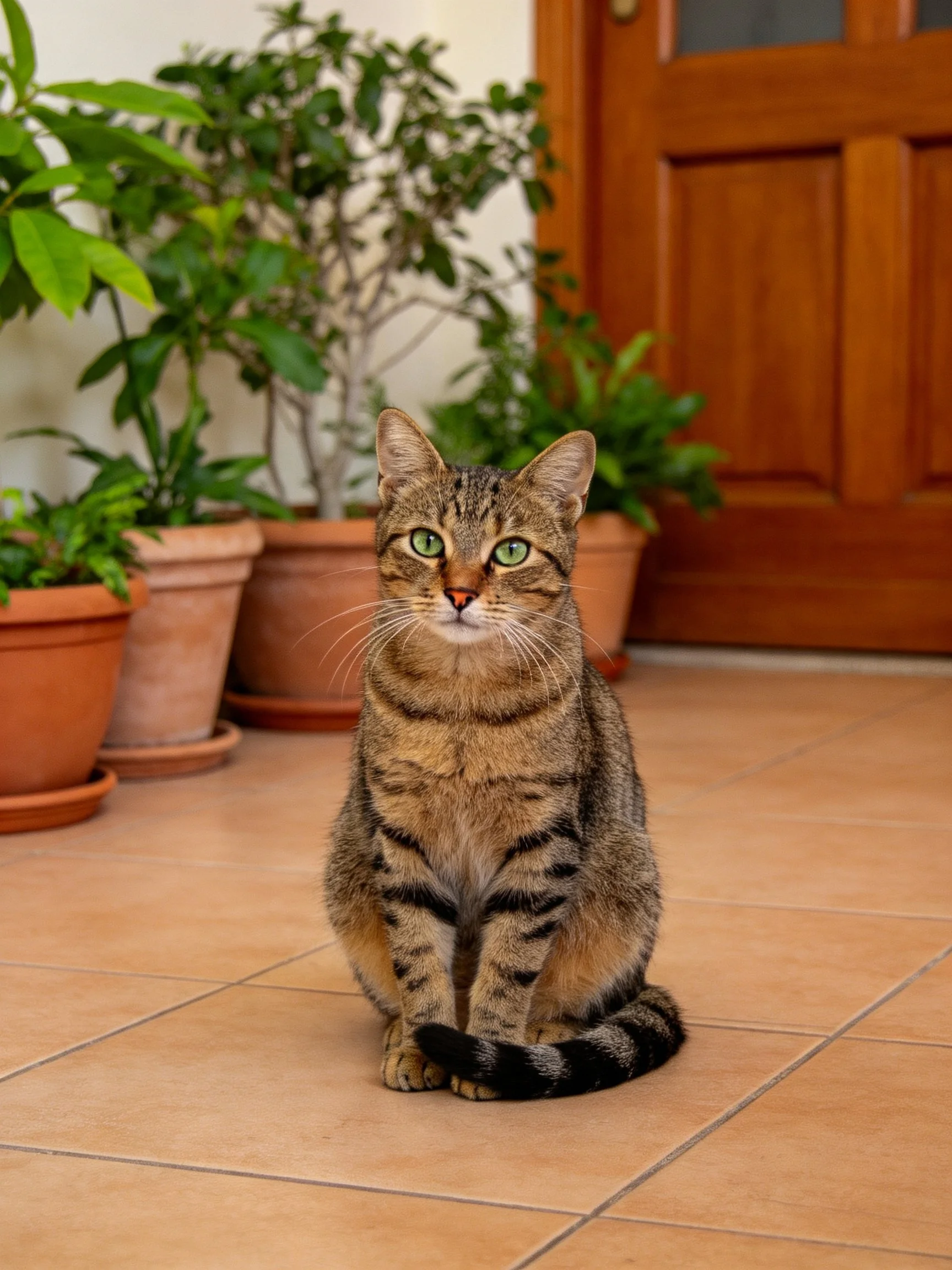 A tabby cat sits near terracotta pots and a wooden door