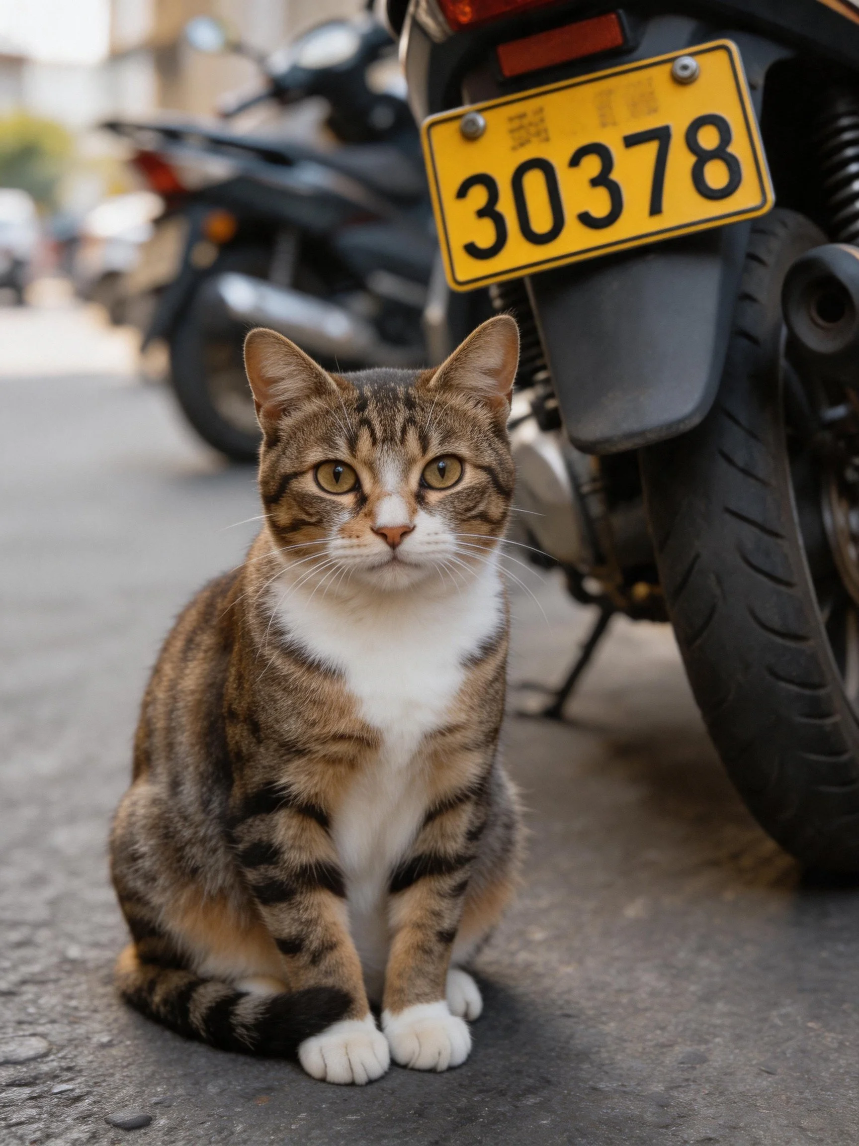 A tabby cat sits near yellow license plate and black motorcycles