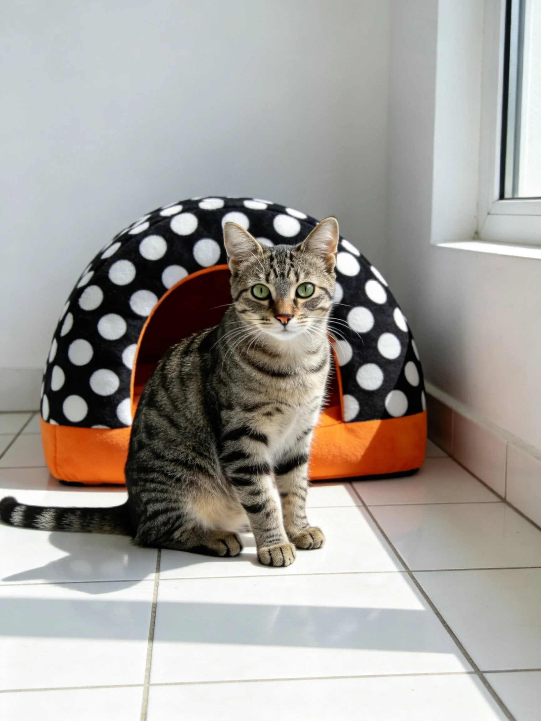 A tabby cat sits next to a black-and-white polka dot pet bed with orange trim