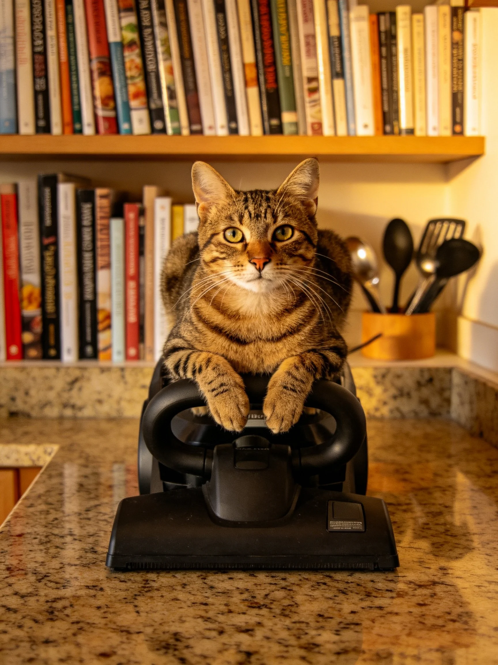 A tabby cat rests on a vacuum cleaner in a kitchen with bookshelves