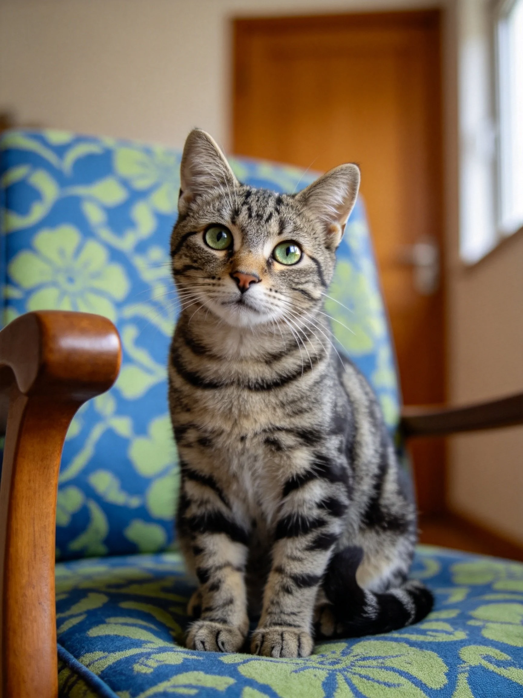 A tabby cat sits on a blue floral chair in a room