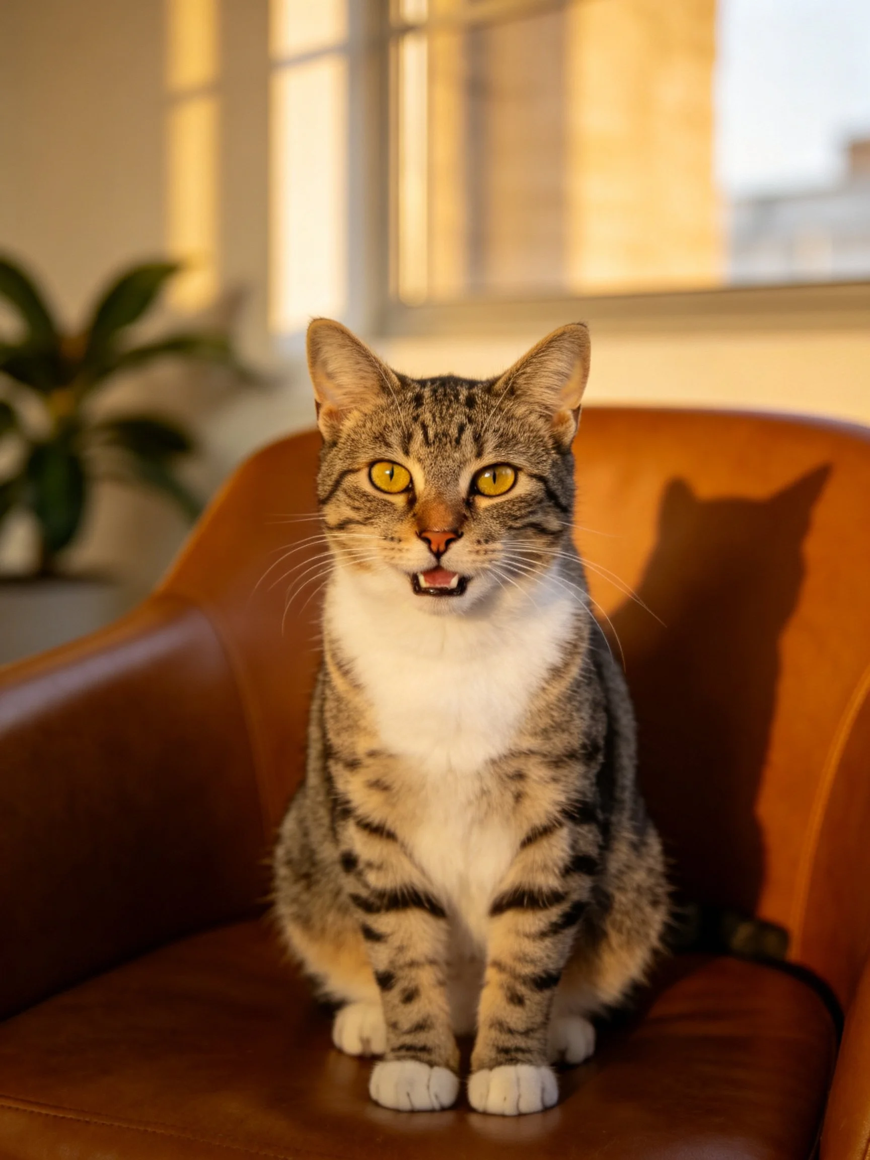 A tabby cat sits on a brown leather chair in warm sunlight