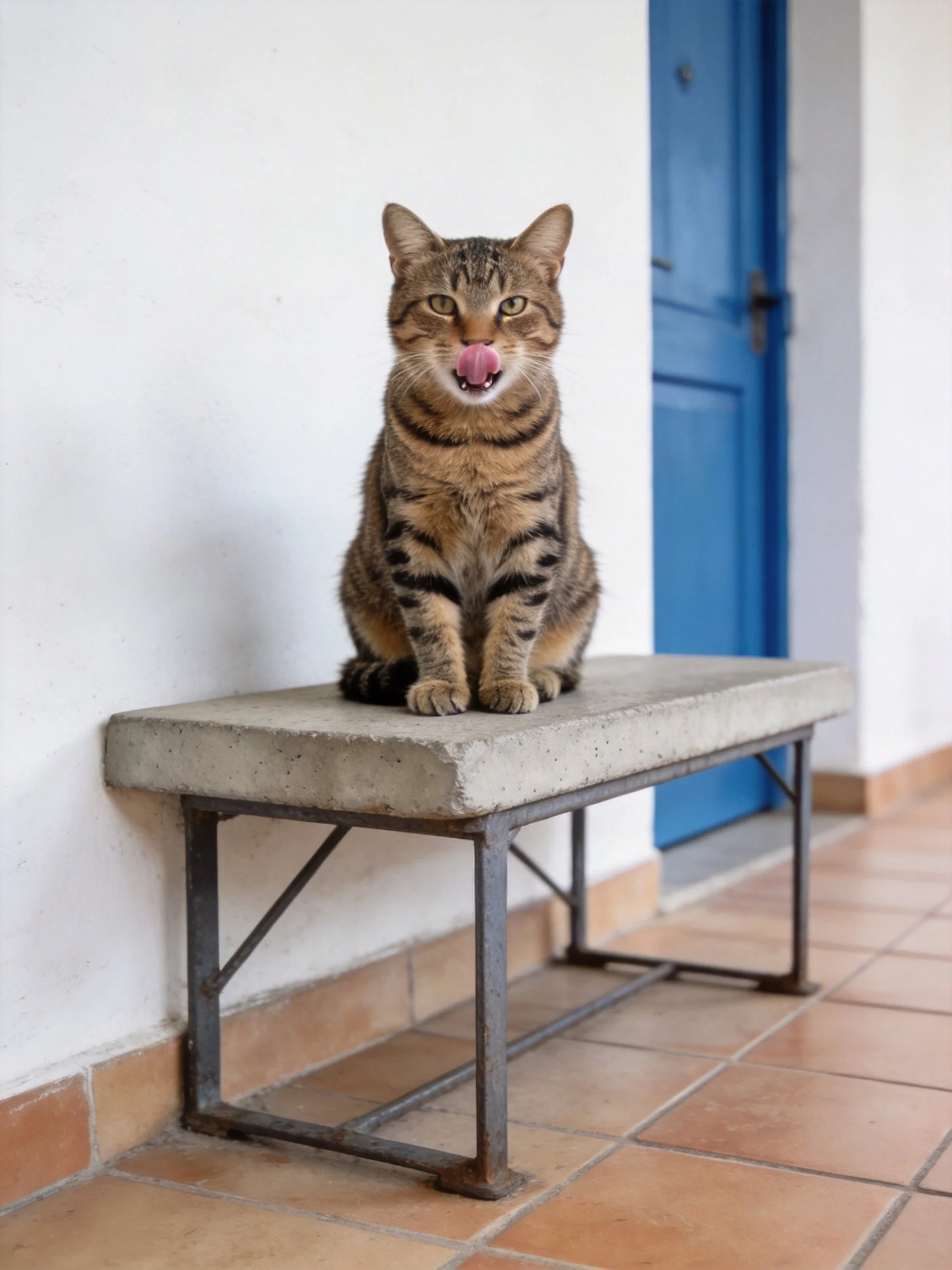 A tabby cat sits on a concrete bench near a bright blue door