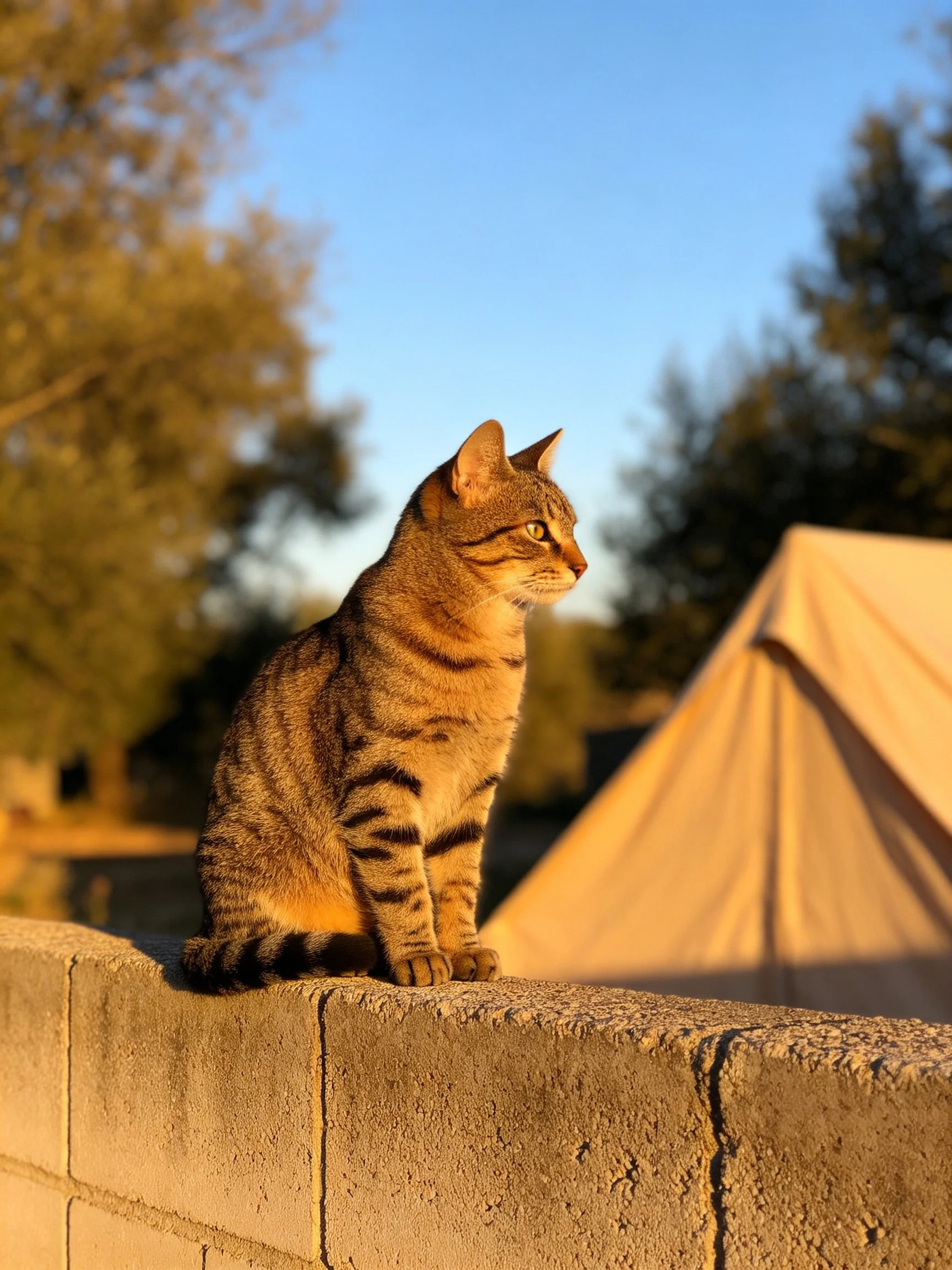 A tabby cat sits on a concrete wall near a tent in golden light
