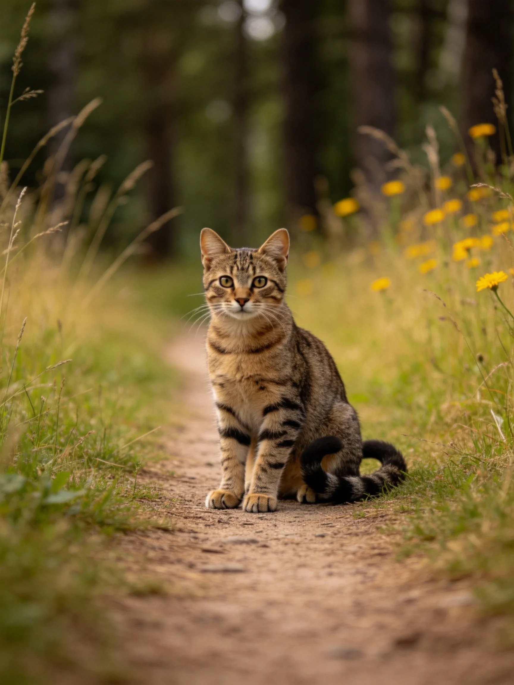 A tabby cat sits on a dirt path surrounded by vegetation and wildflowers.