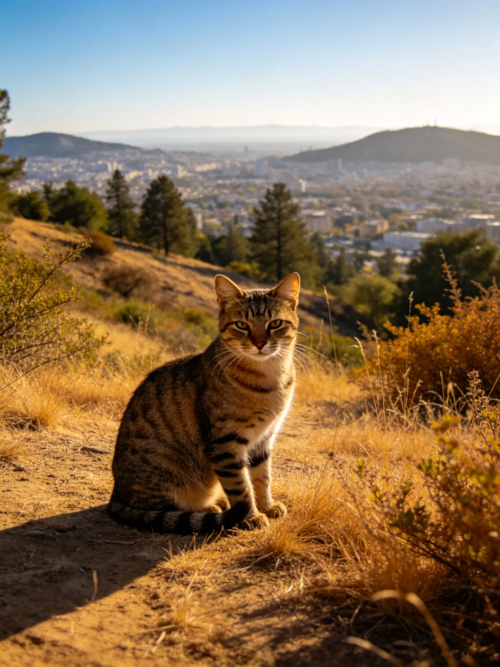 A tabby cat sits on a hillside overlooking a distant city