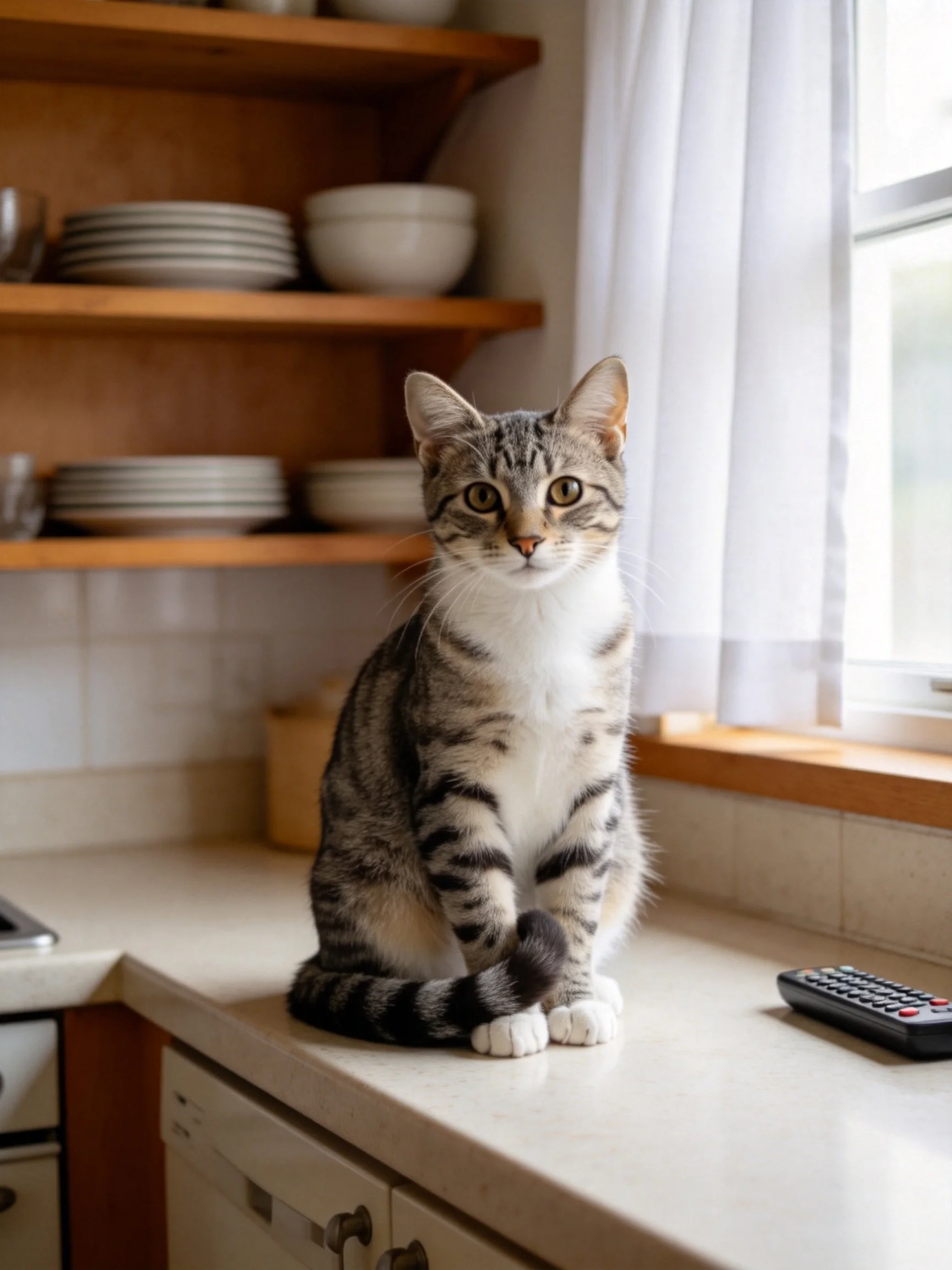 A tabby cat sits on a kitchen counter with dishes and a remote