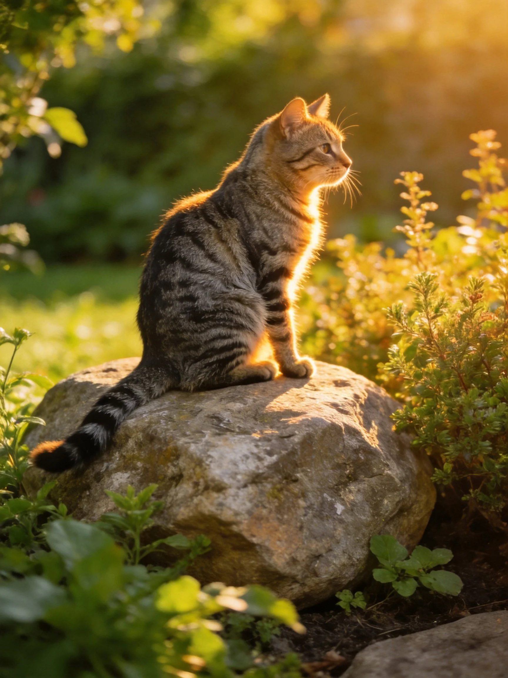 A tabby cat sits on a large rock in a sunlit garden