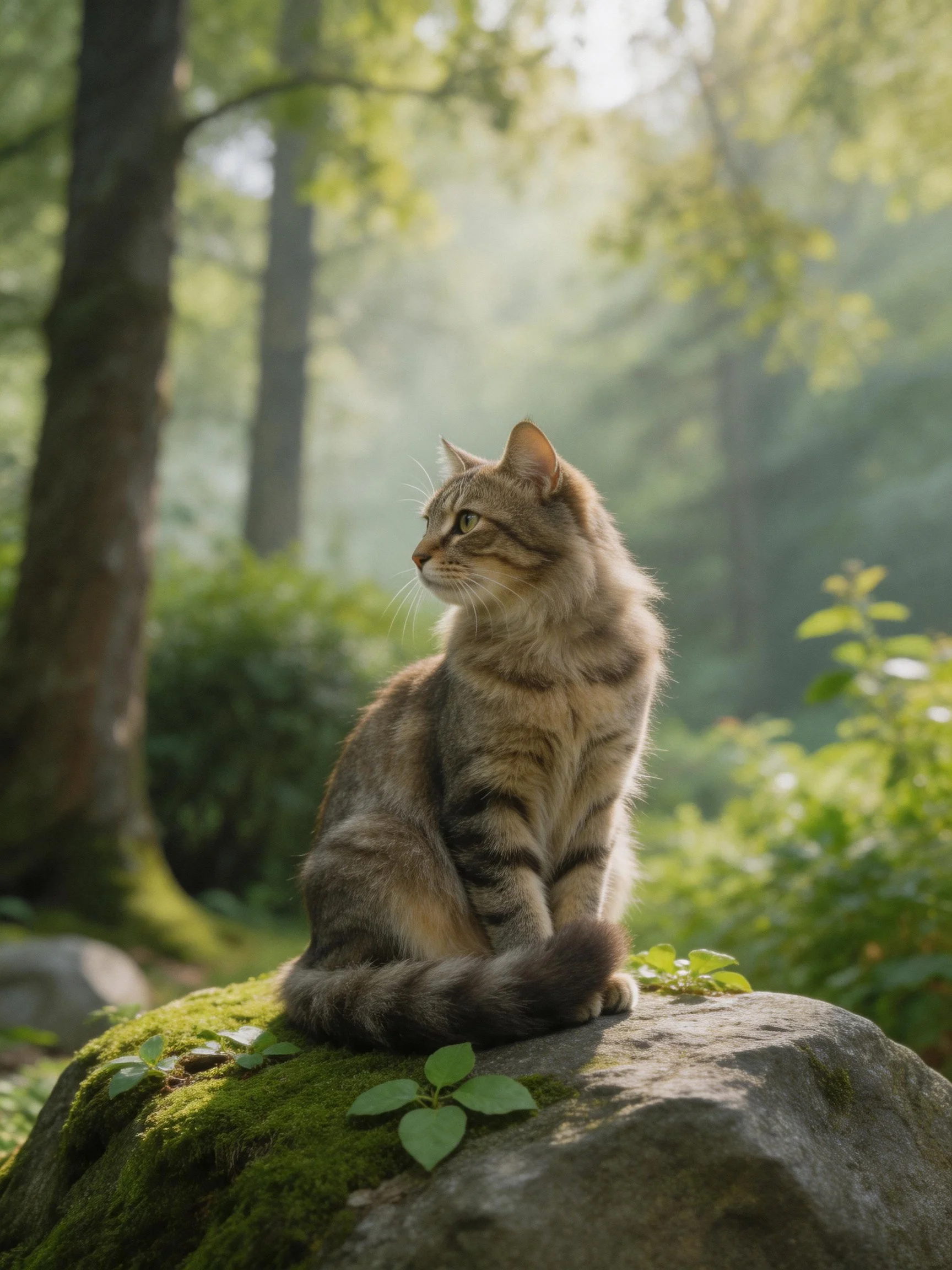 A tabby cat sits on a moss-covered rock in a sunlit forest