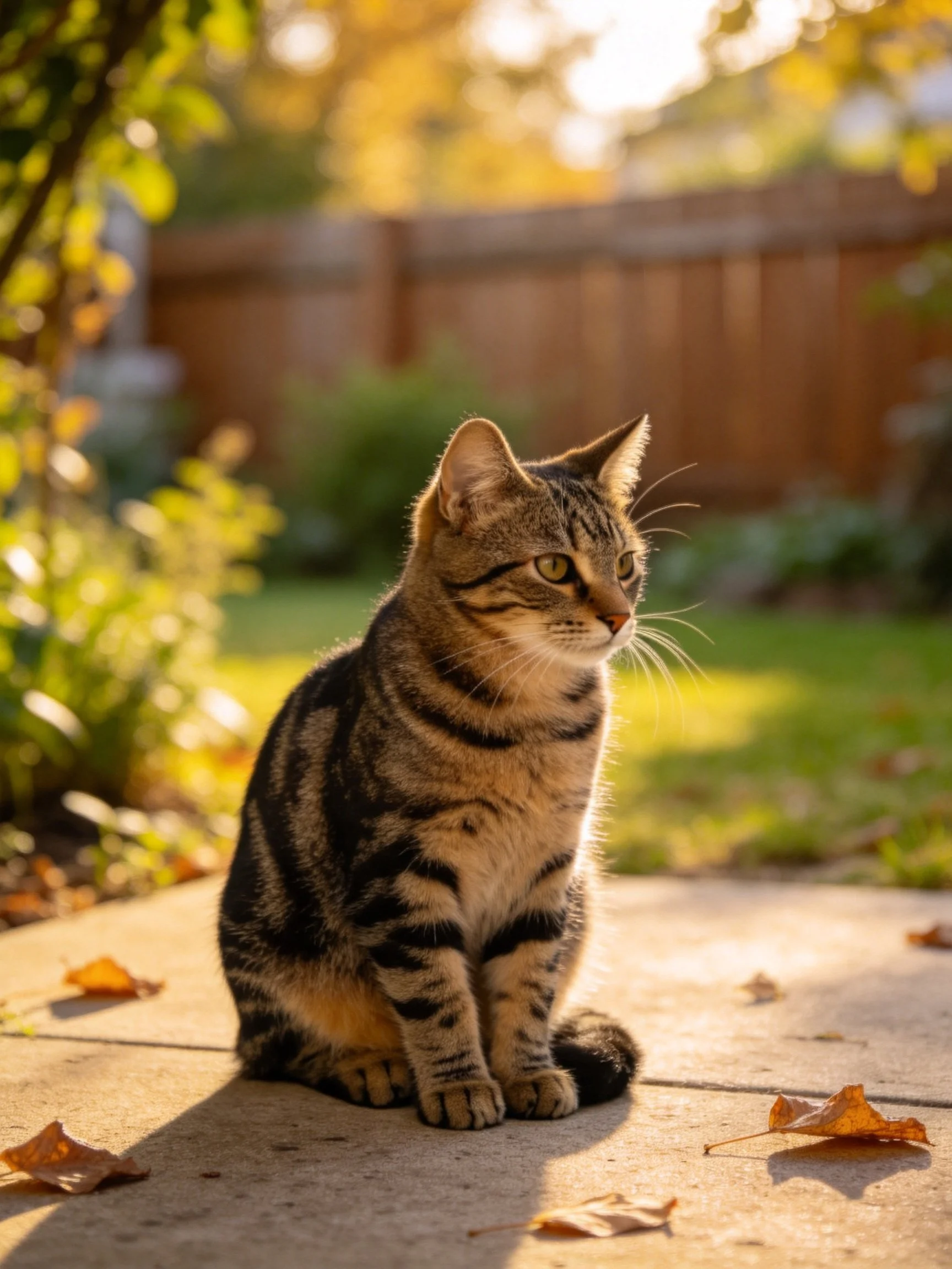 A tabby cat sits on a patio amid autumn leaves in golden light