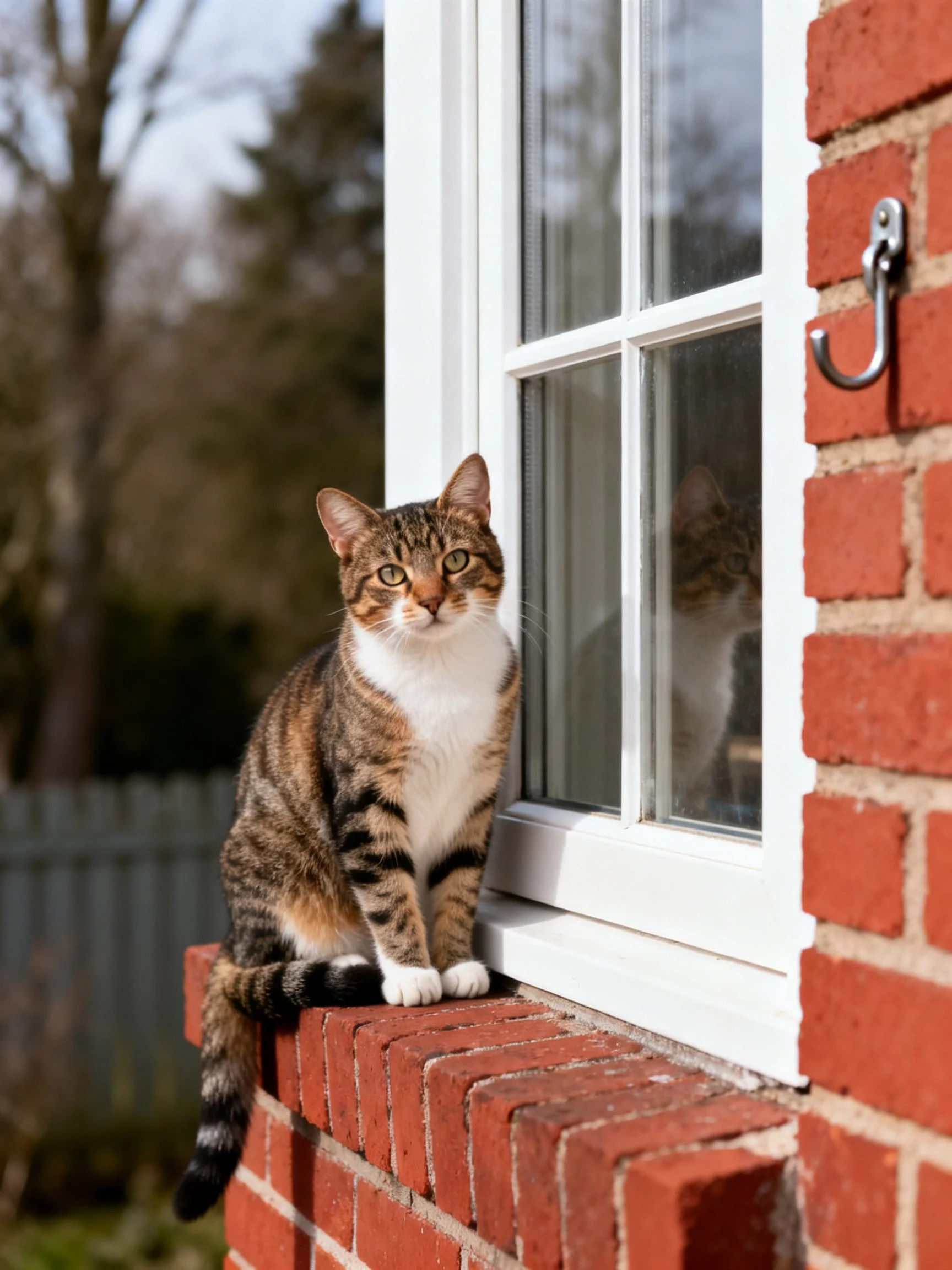 A tabby cat sits on a red brick windowsill by a white-framed window