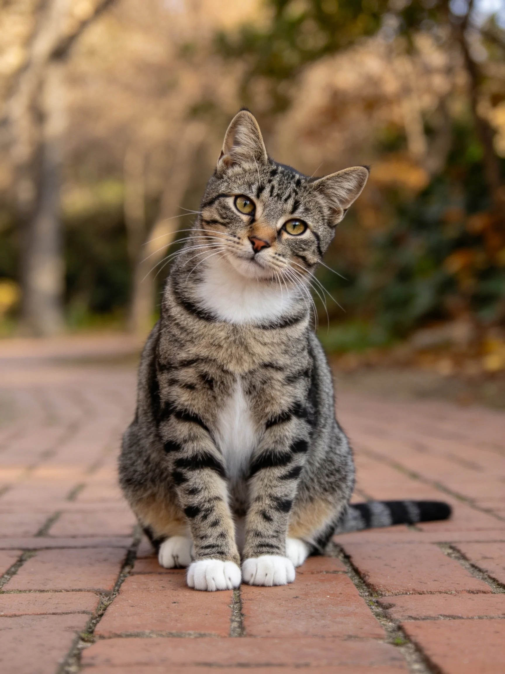 A tabby cat sits calmly on a brick pathway in an outdoor setting.