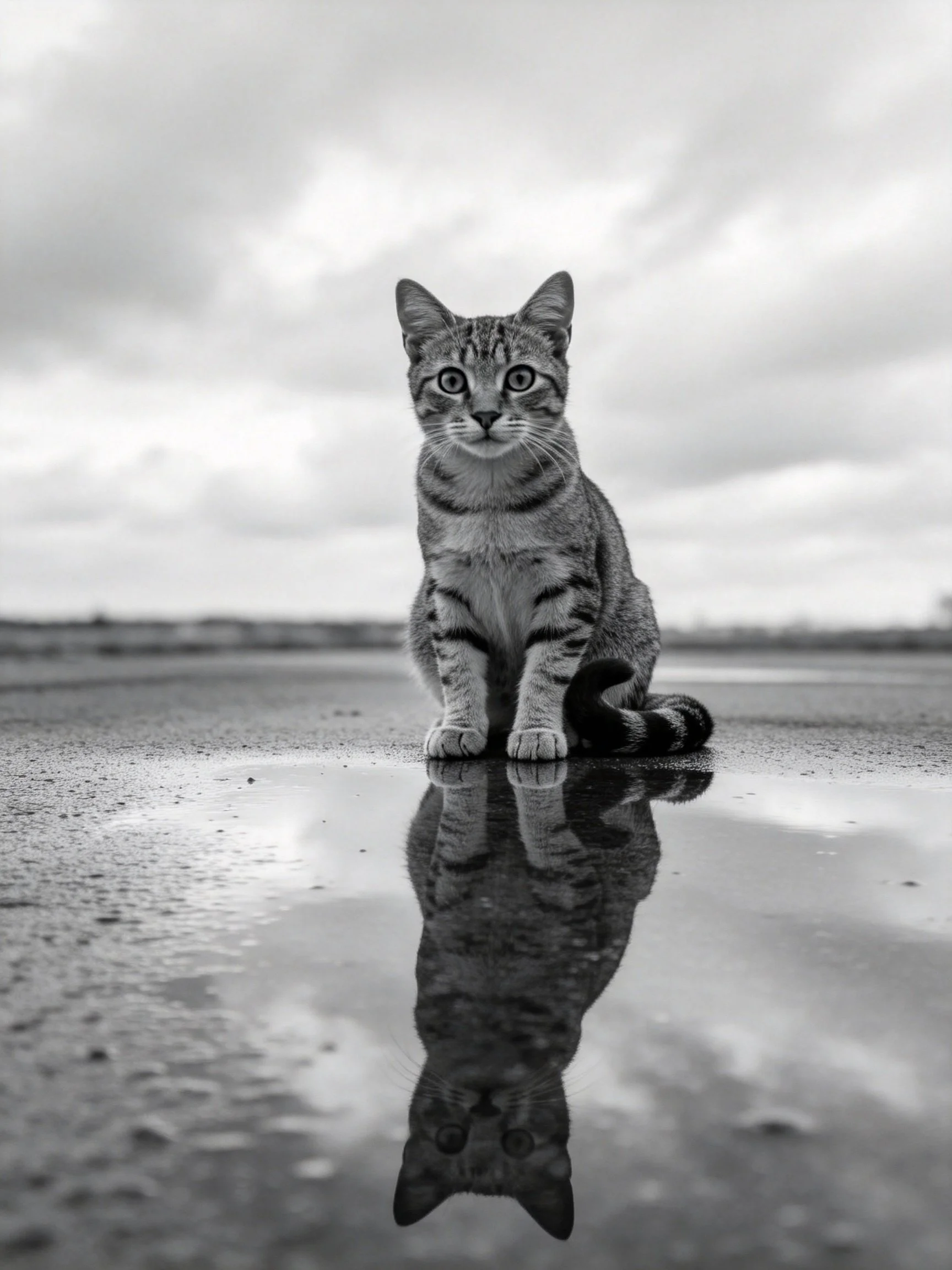A tabby cat sits on a reflective wet pavement under a cloudy sky