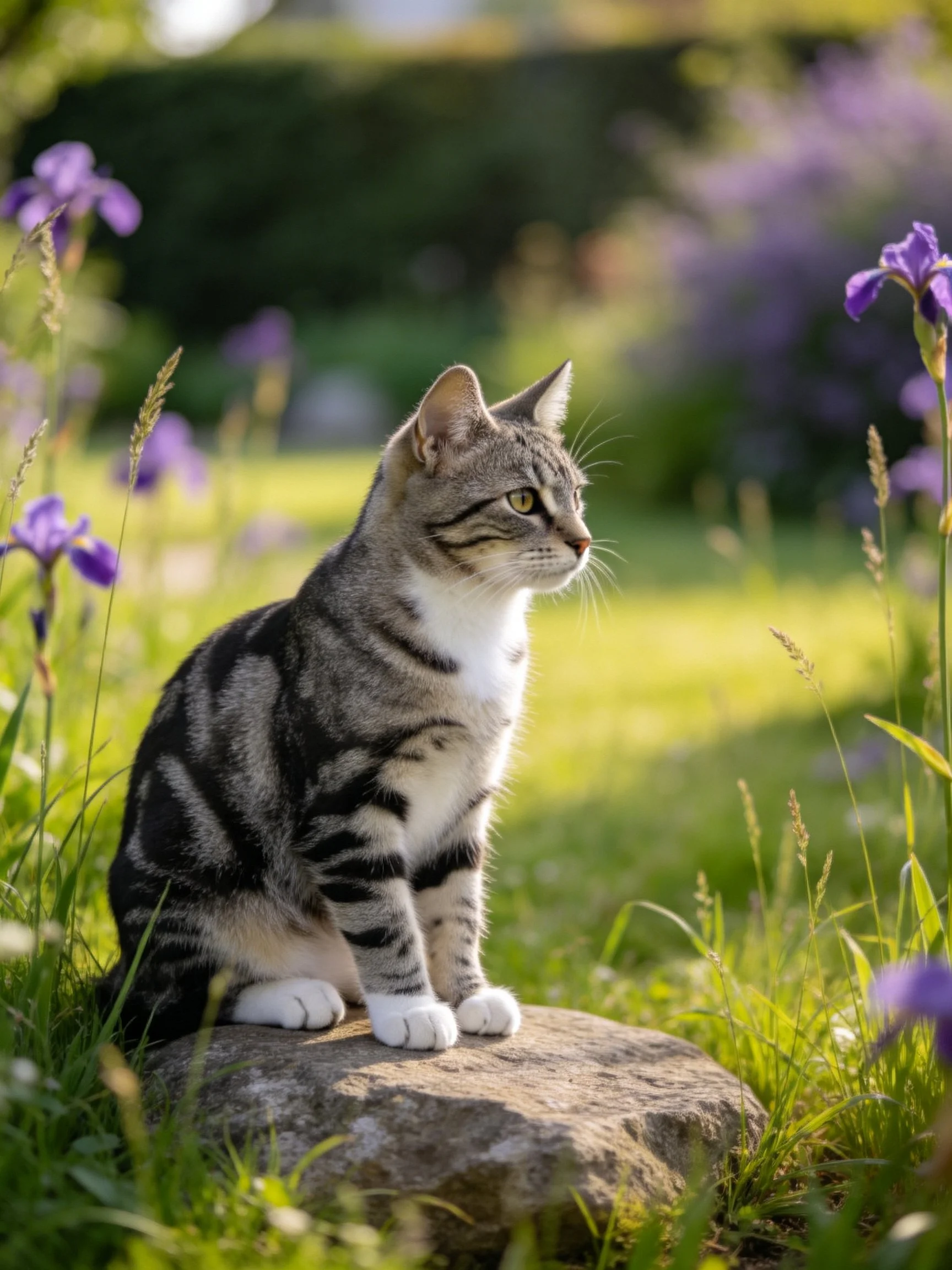 A tabby cat sits on a rock amid purple flowers and lush green grass