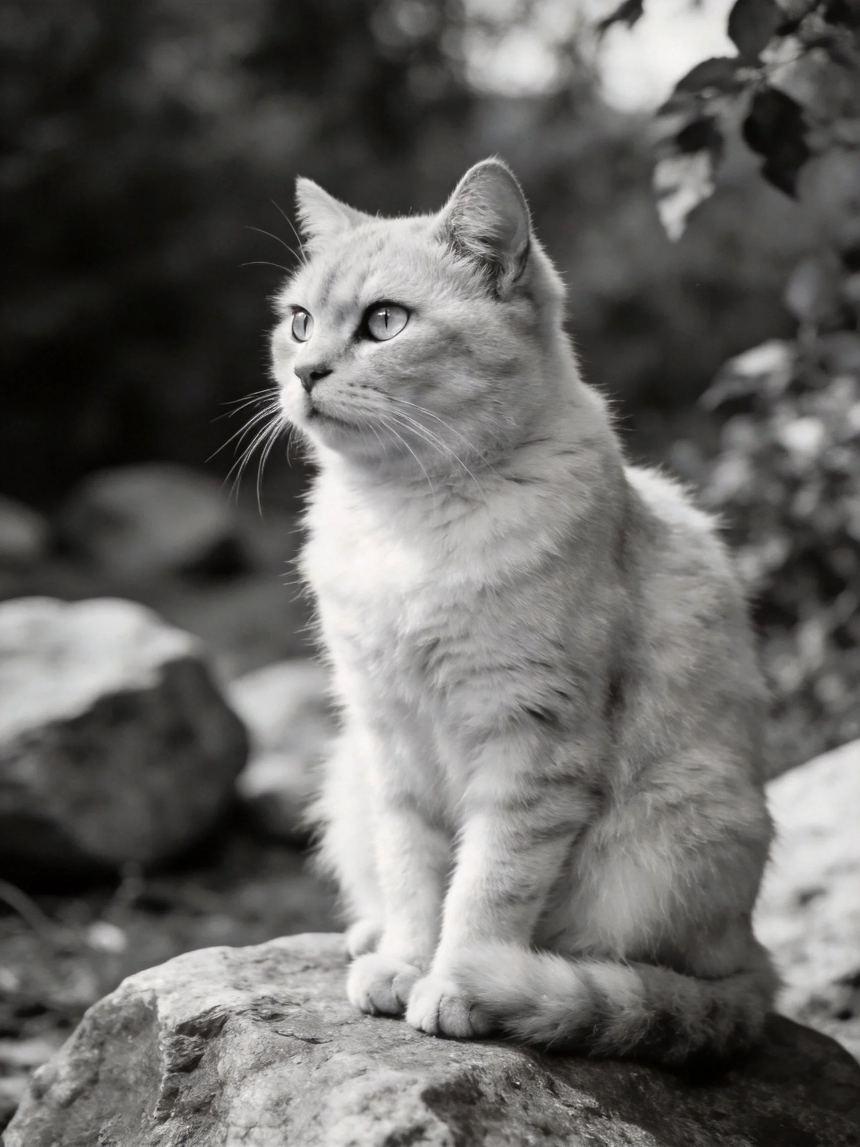 A tabby cat sits on a rock in a natural outdoor setting