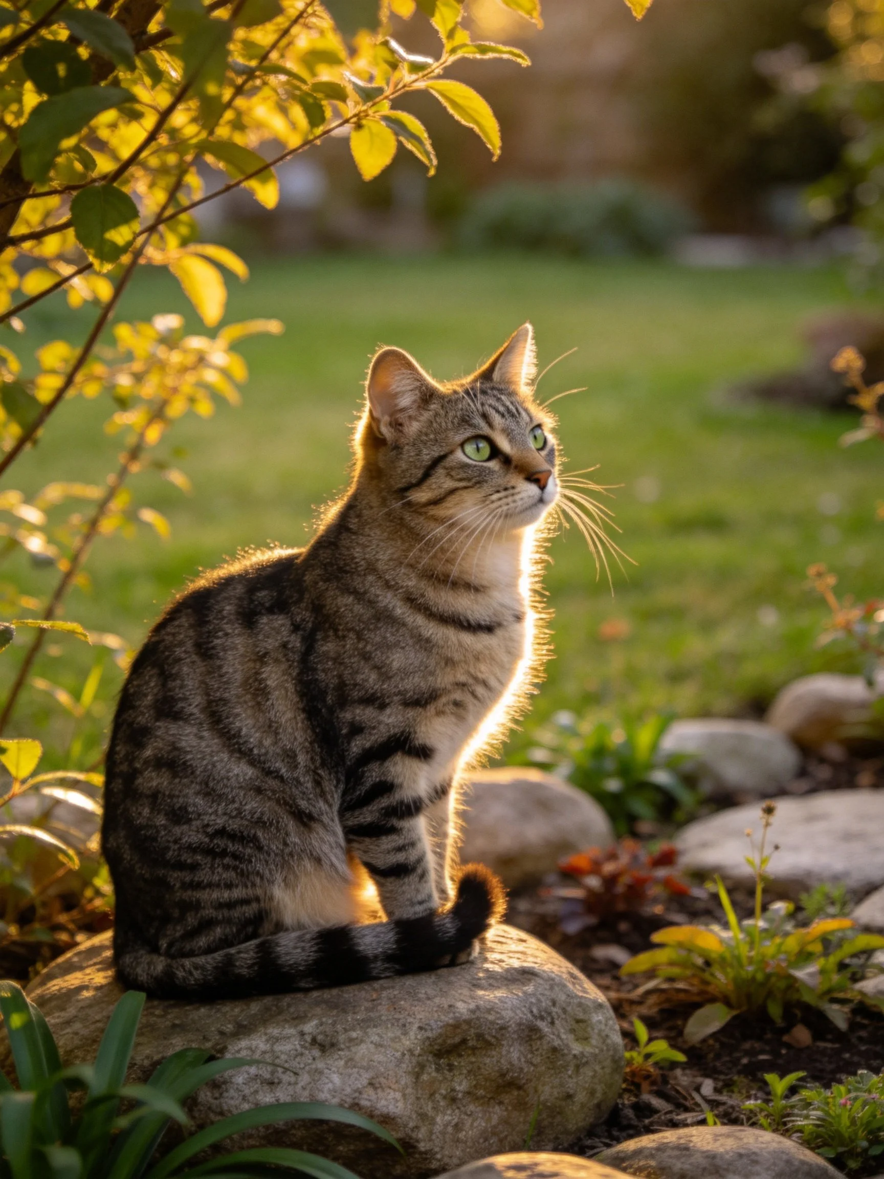 A tabby cat sits on a rock in a sunlit garden