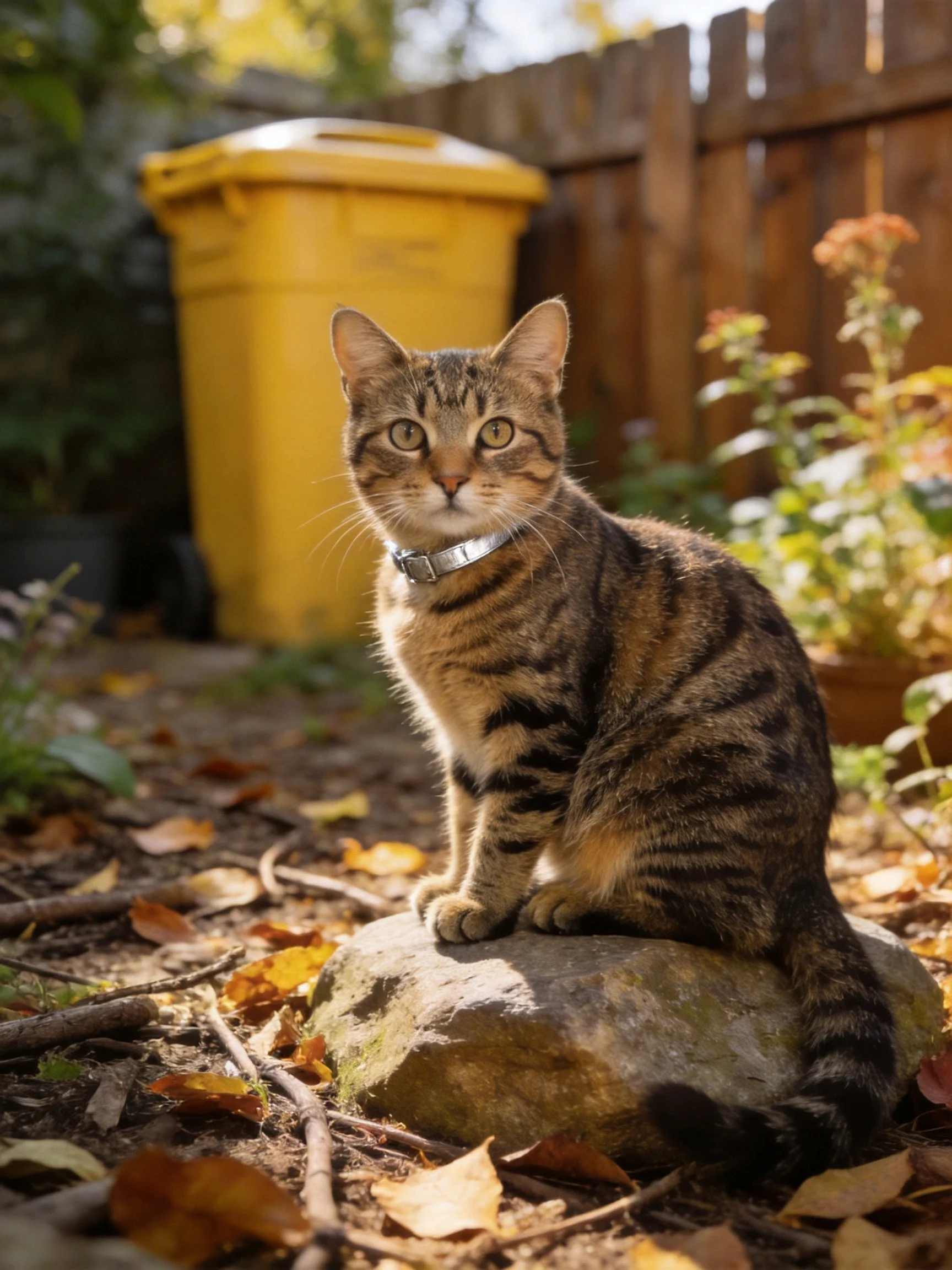 A tabby cat sits on a rock near a yellow bin in an autumn garden