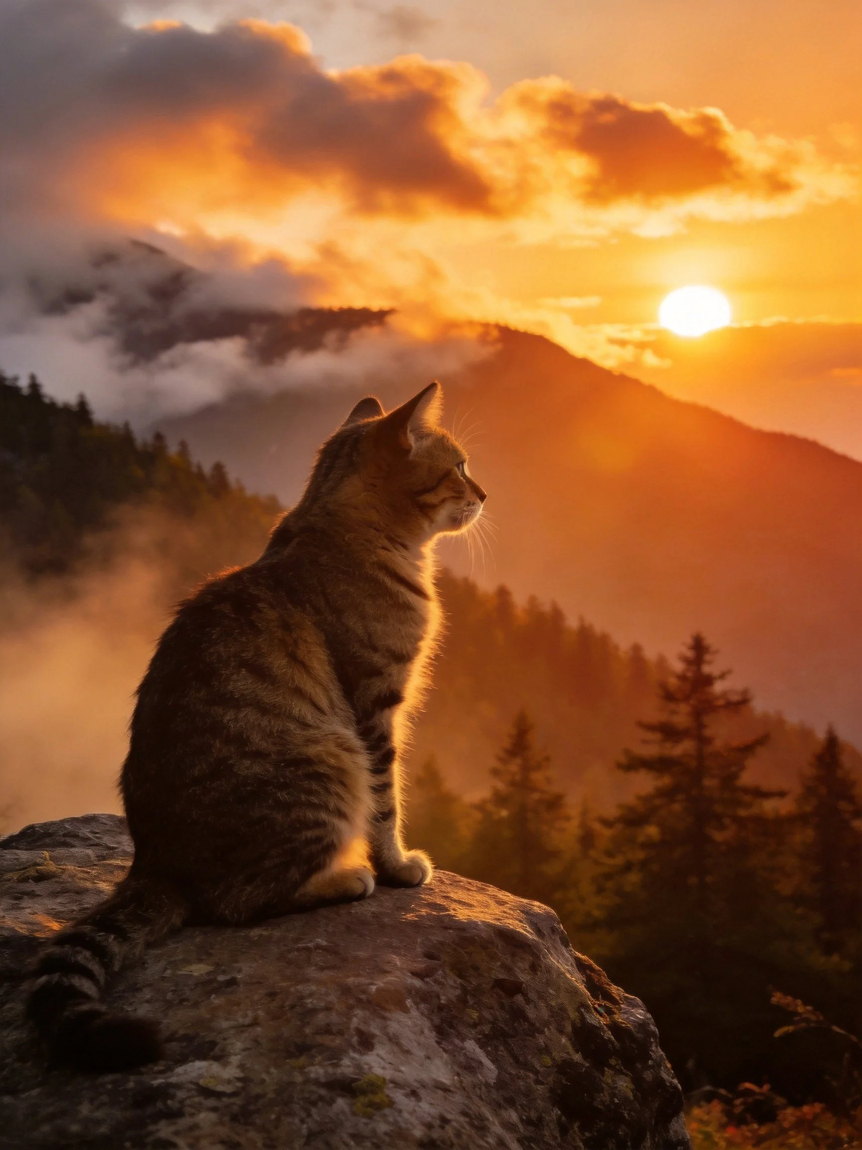 A tabby cat sits on a rock watching mountain sunset